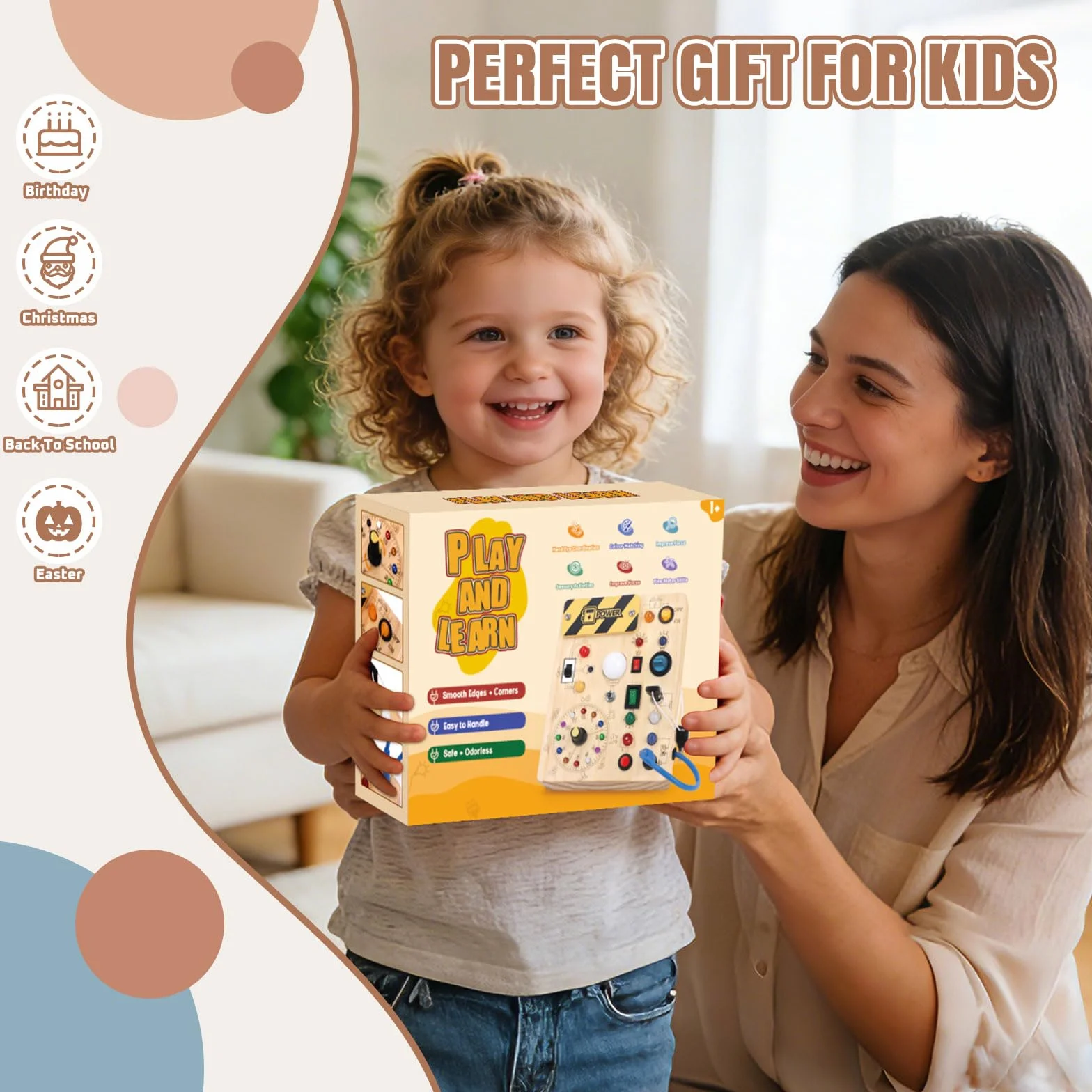 Tableau d'activité Montessori en bois avec 10 interrupteurs et 23 voyants LED Jouet sensoriel éducatif pour tout-petits 1 an Cadeau garçon