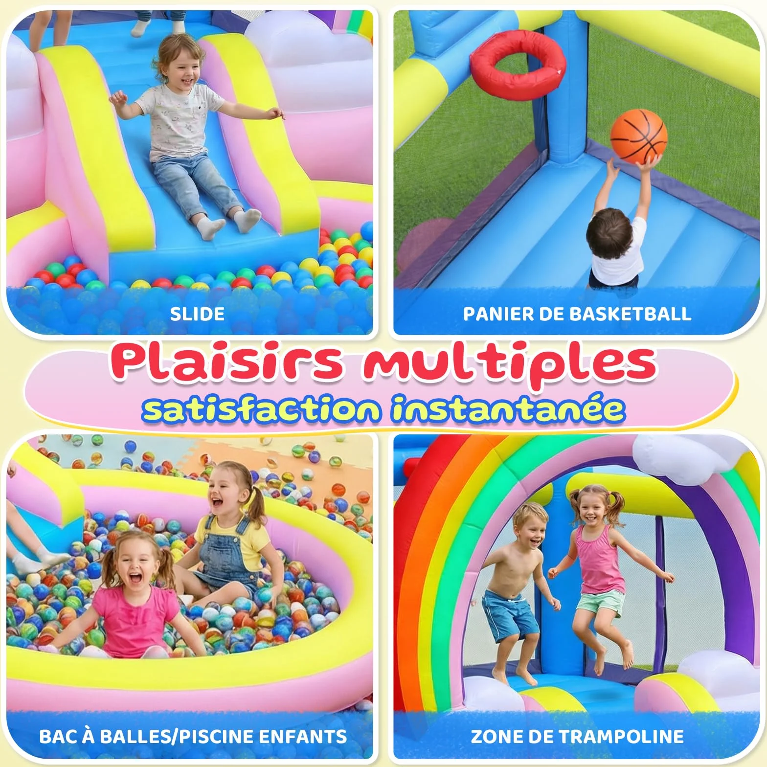 Bonnlo Chateau Gonflable avec Piscine à Balles, Toboggan Aquatique et Trampoline pour Enfant, Thème Arc-en-Ciel