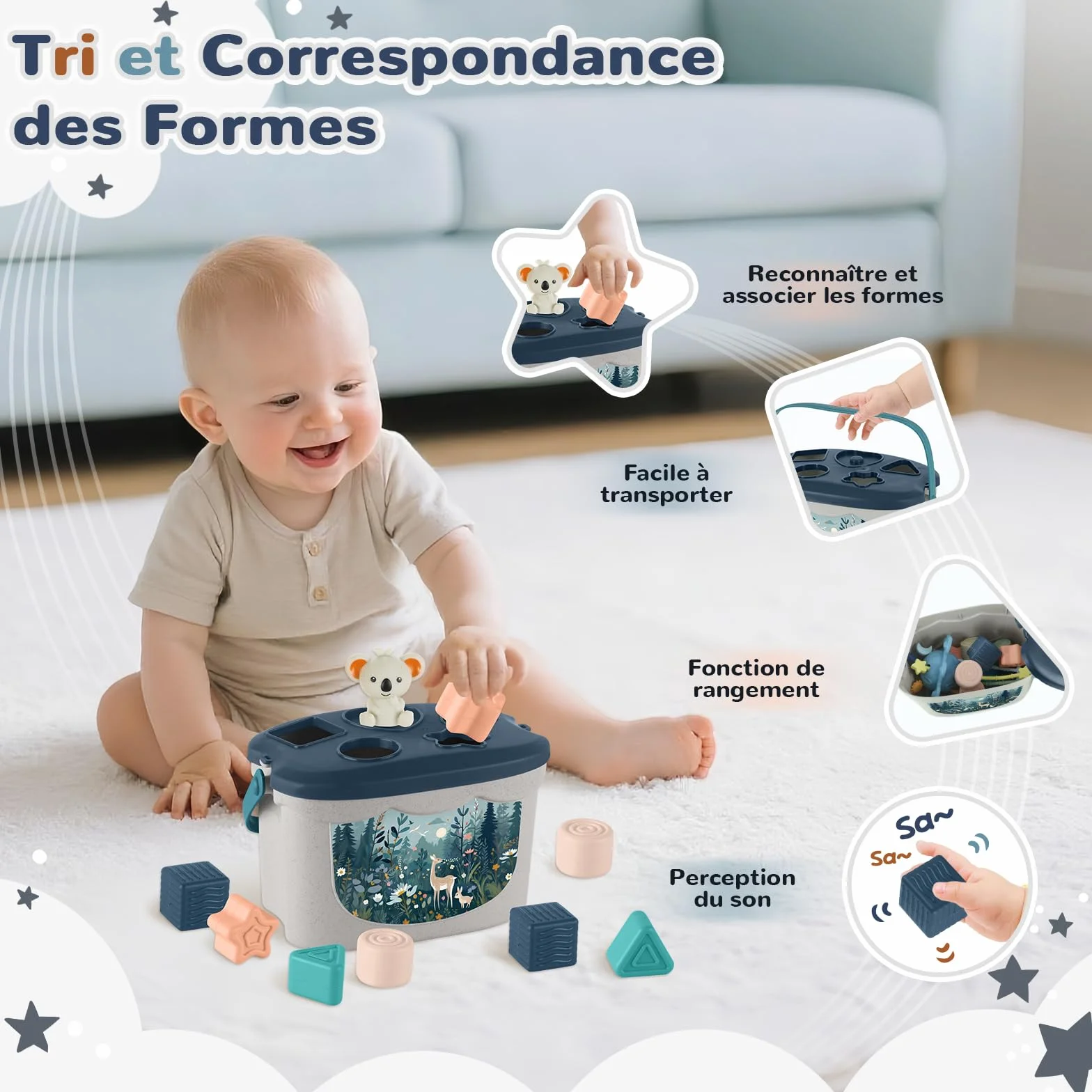 Jouet Montessori 5 en 1 Bebe 6 Mois et Plus, Jeux Sensoriel avec Tri de Formes, Xylophone, Gobelets Empilables