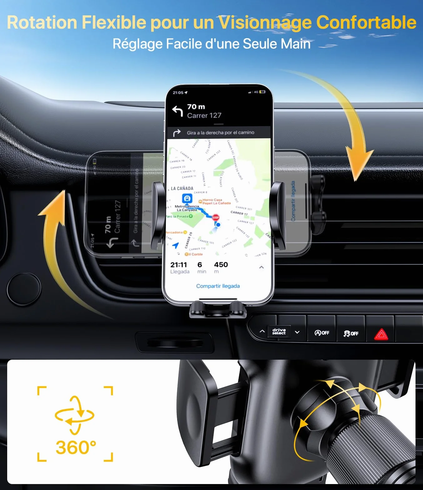 Miracase Support Téléphone Voiture Crochet Métallique Fort Bouche D'aération Rotation 360° Opération à Une Main 4.0''-7.0''