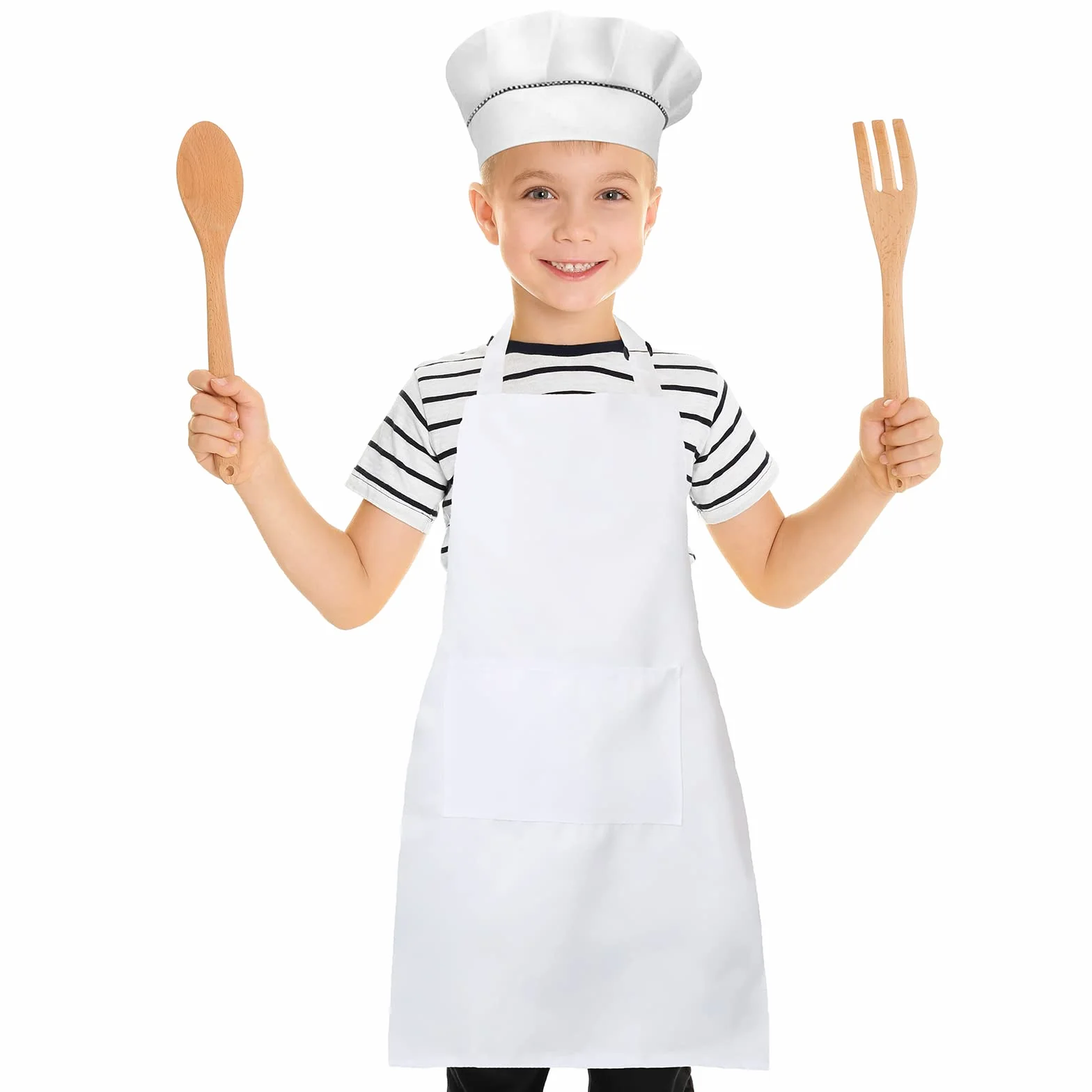 Set de 12 Pièces Tablier Enfant et Chapeau de Chef Réglables avec Poches pour Cuisine Jardin Peinture Artisanat