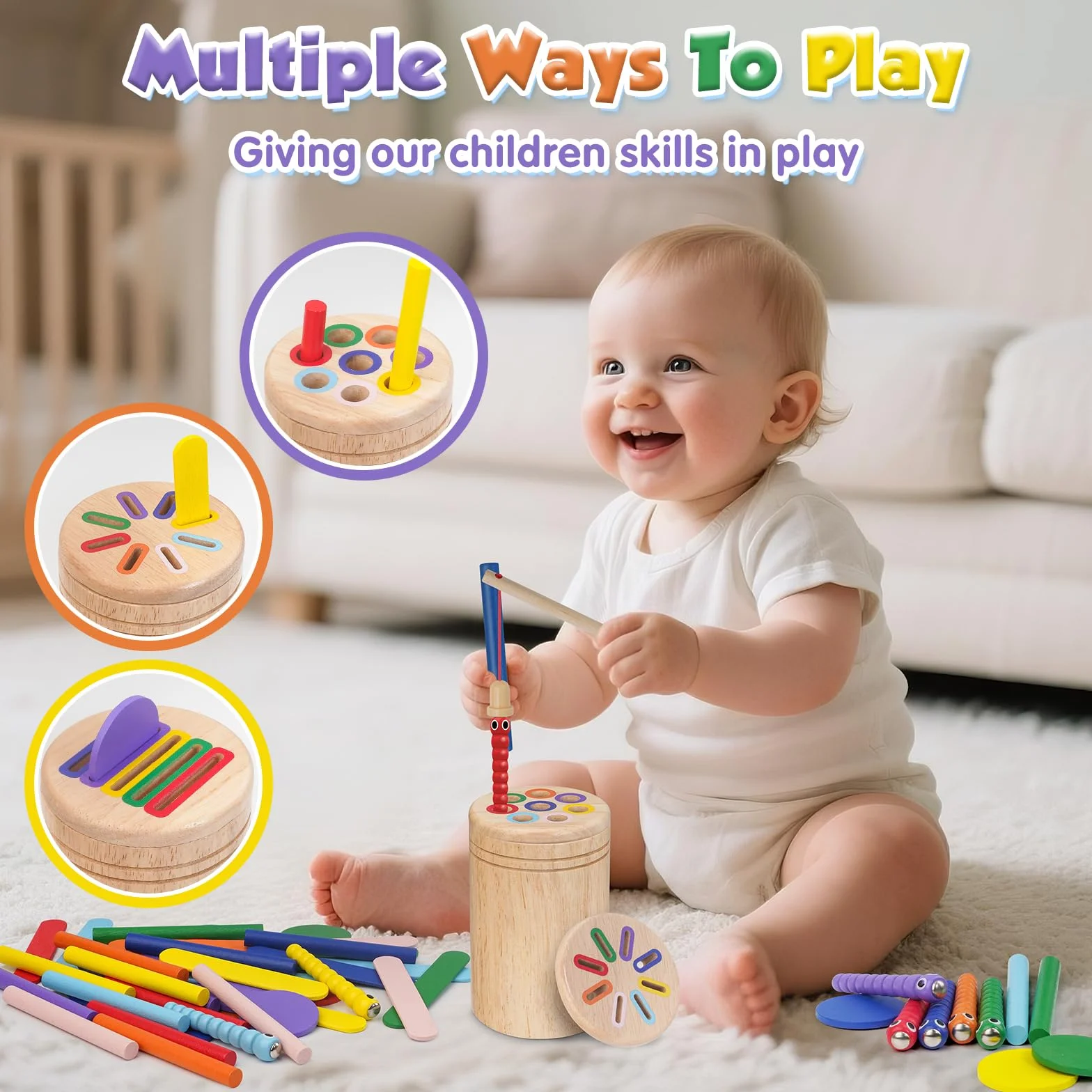 Jouet Montessori 4 en 1 pour Enfant 1-3 Ans, Jeu Educatif Apprendre les Couleurs avec Sac de Rangement
