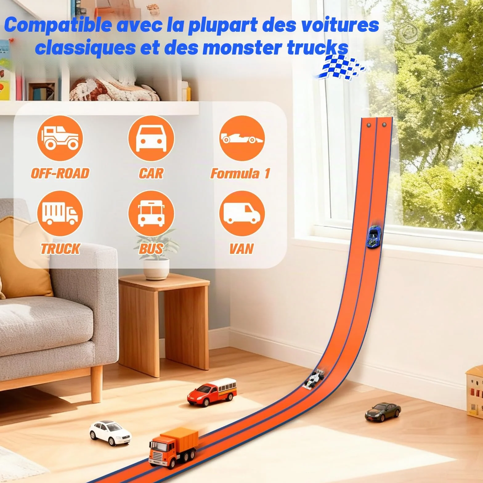 ACELIFE Circuits de Course de Voitures Flexibles 4,5 m avec 6 Voitures Piste Double Rampes pour Voitures 1/64 Jouet Enfants 3 Ans