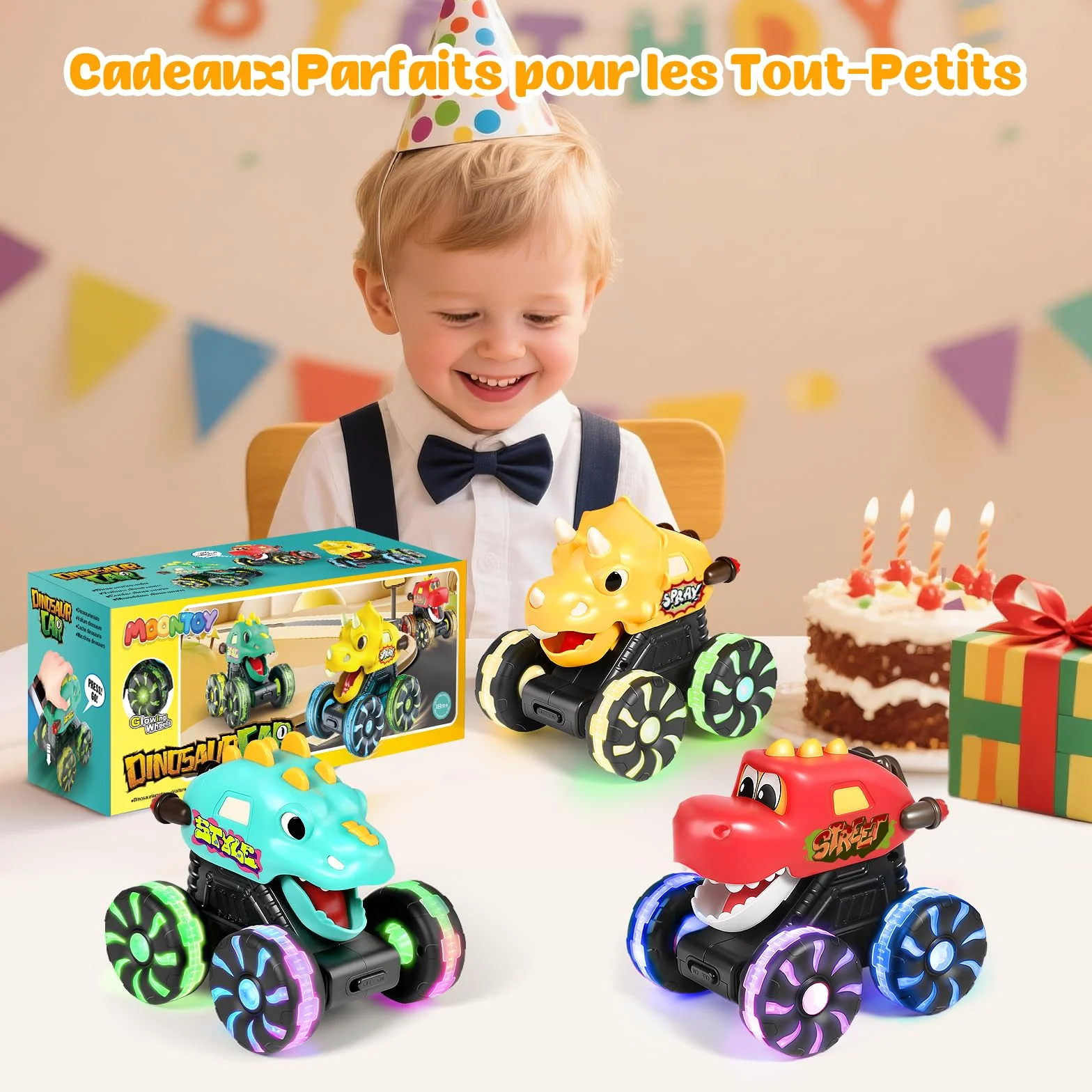 MOONTOY 3 Pièces Dinosaure Jouet Monstre Voiture Lumineuse à Pression pour Bébé 1 an