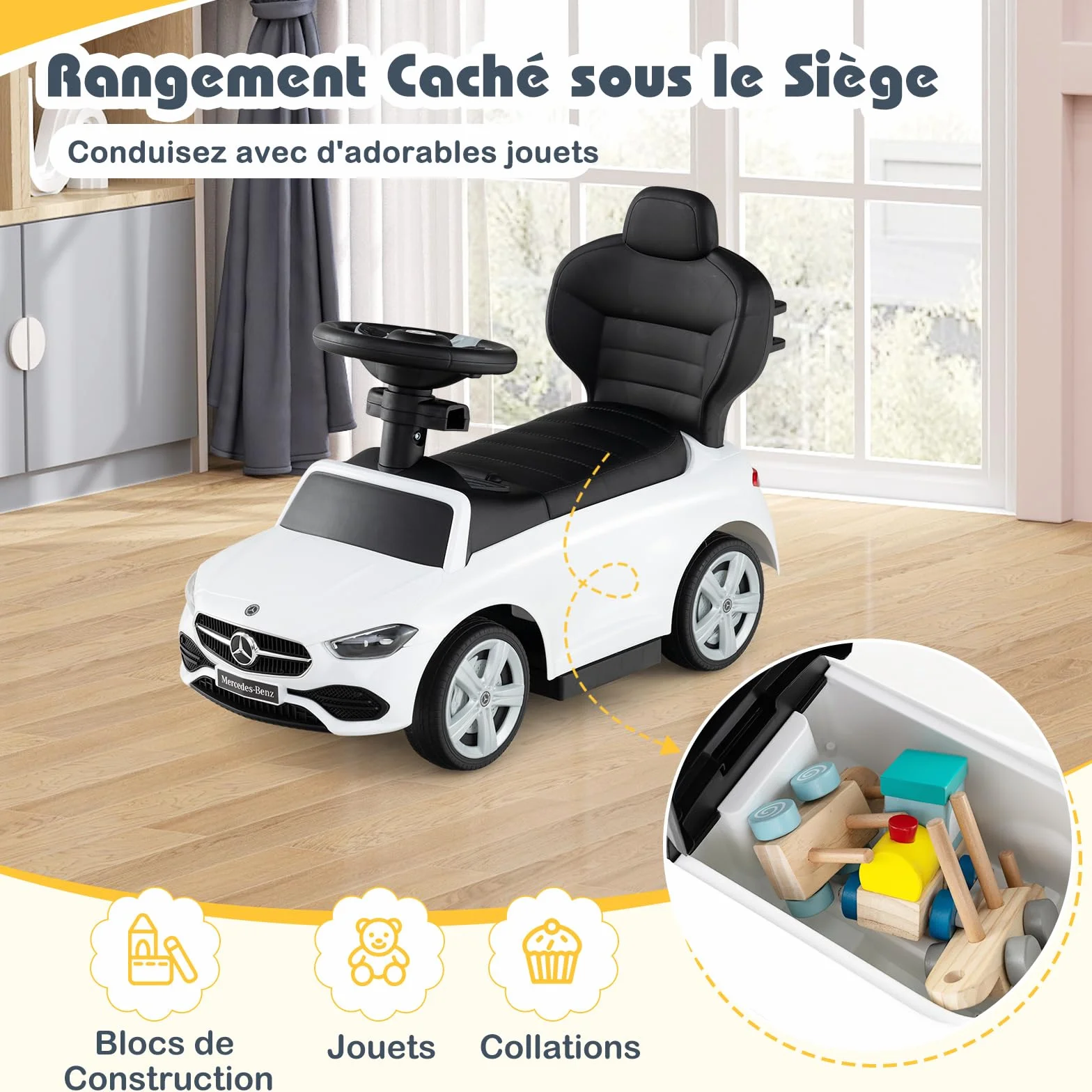 COSTWAY Mercedes-Benz Porteur Enfant 3 en 1 avec Volant Klaxon Son de Moteur, Voiture à Pousser 25kg 18-36 Mois Blanc