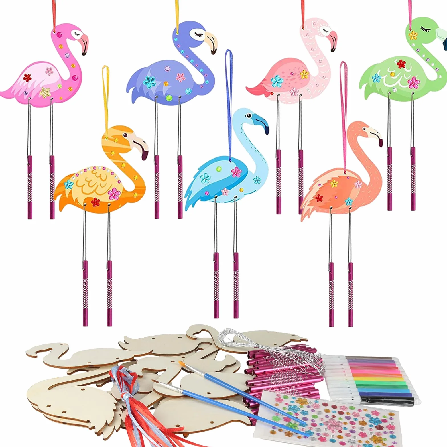 Carillons à vent en bois flamant rose avec crayons aquarelle - Lot de 12 - Carillon éolien anniversaire