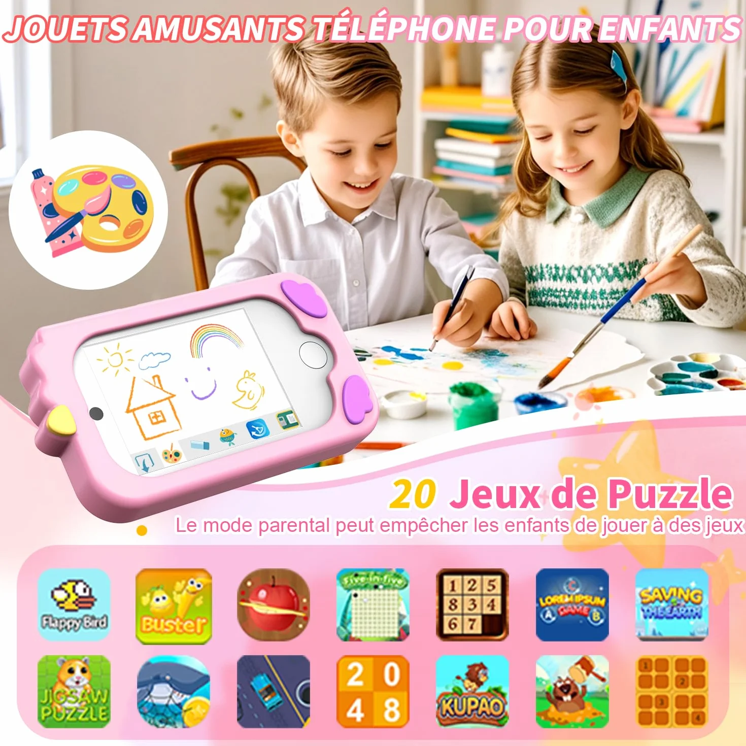 CHAKEYAKE Telephone Enfant avec Double Caméra, 2,8" Tactile écran, 32GB Carte, Jouet Apprentissage pour Filles 3-10 Ans