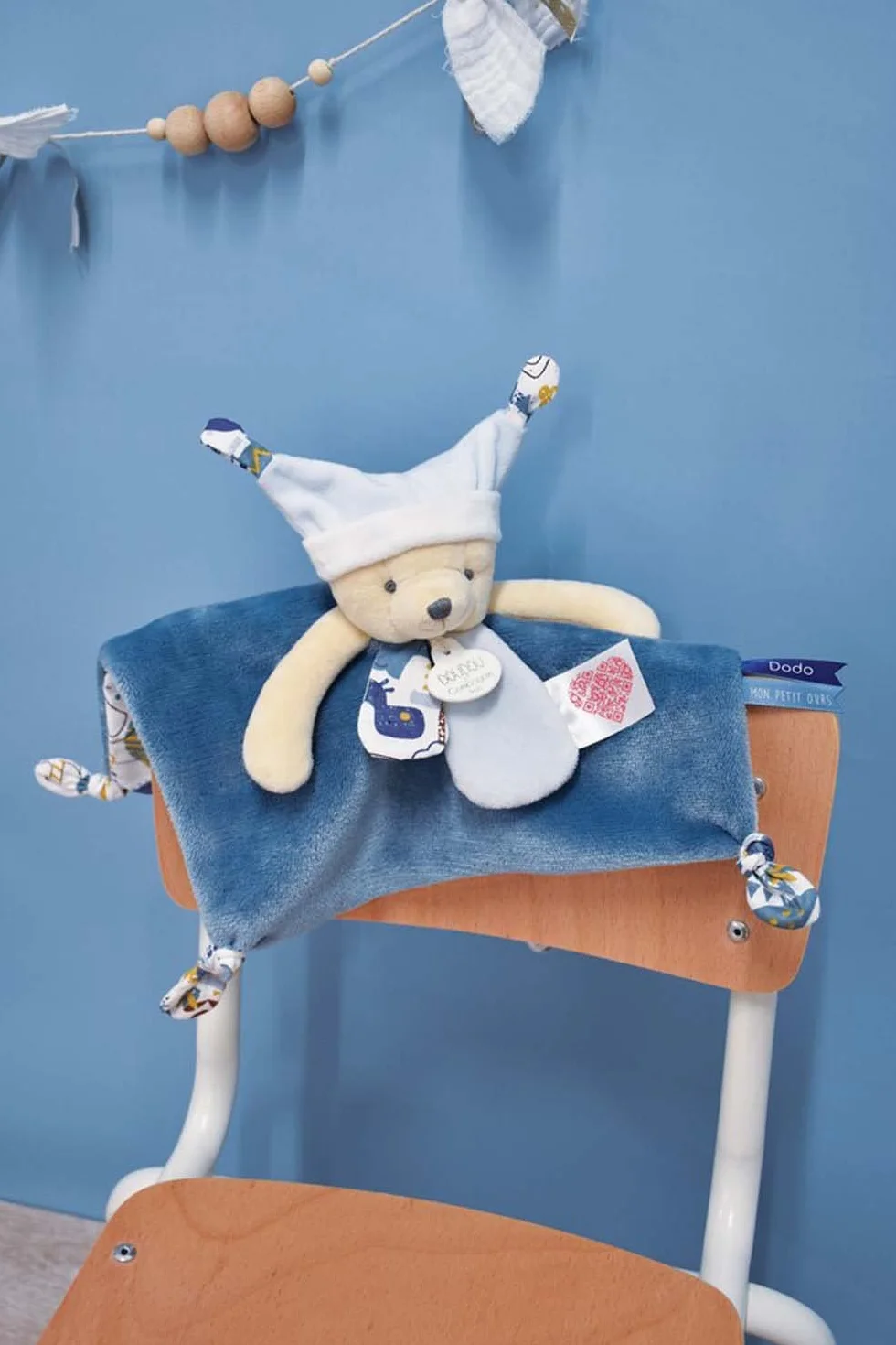 Doudou Plat Ours Bleu 25 cm Avec Bonnet Rituel du Coucher - Dès la Naissance - Garantie Doudou Perdu - Idée Cadeau Bébé