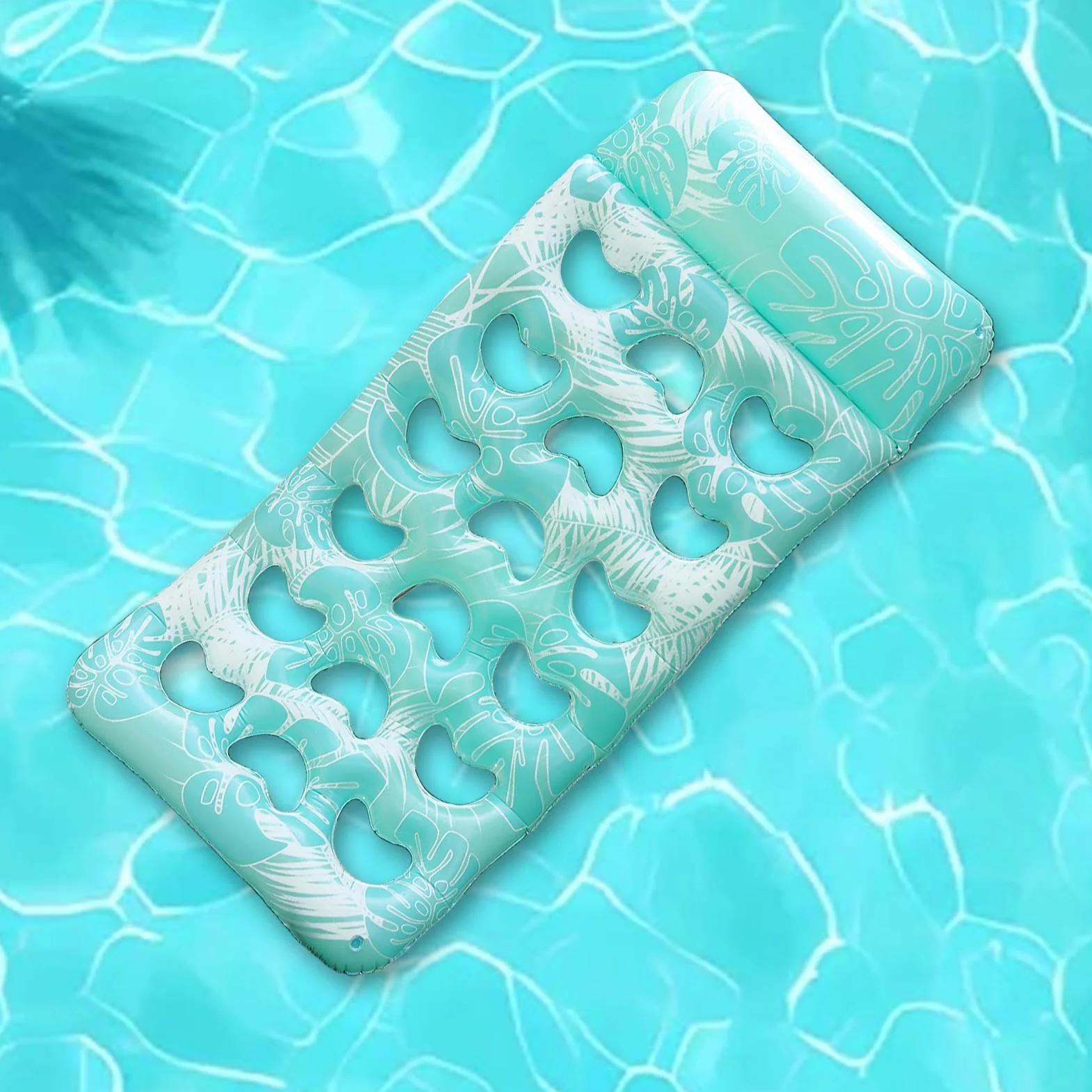 Flotteur De Repos pour Piscine Gonflable avec Tête Intégrée Radeau Imperméable Motif Feuille