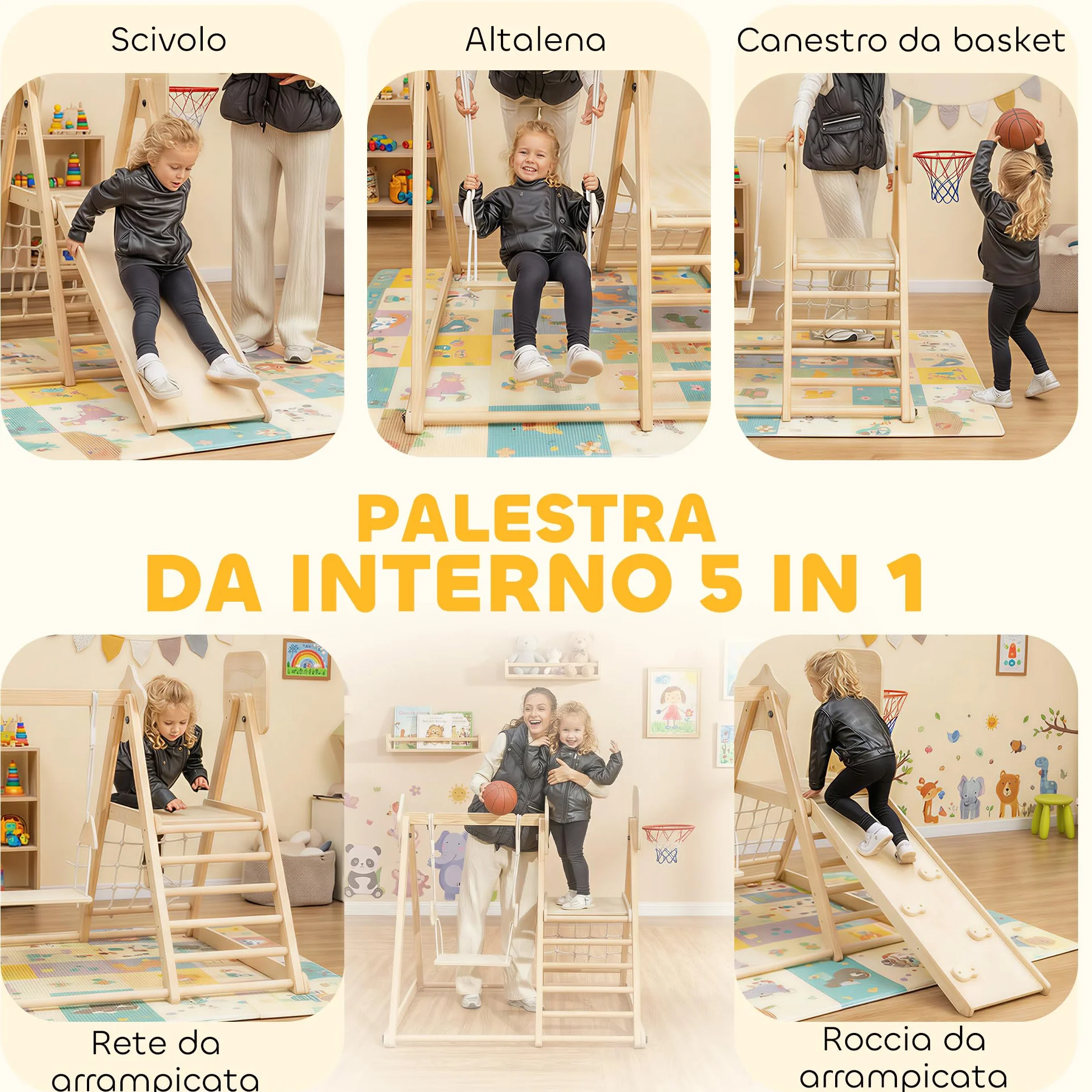 AIYAPLAY Toboggan 5 en 1 structure d'escalade en bois avec balançoire et panier de basket pour enfants 3-6 ans intérieur extérieur