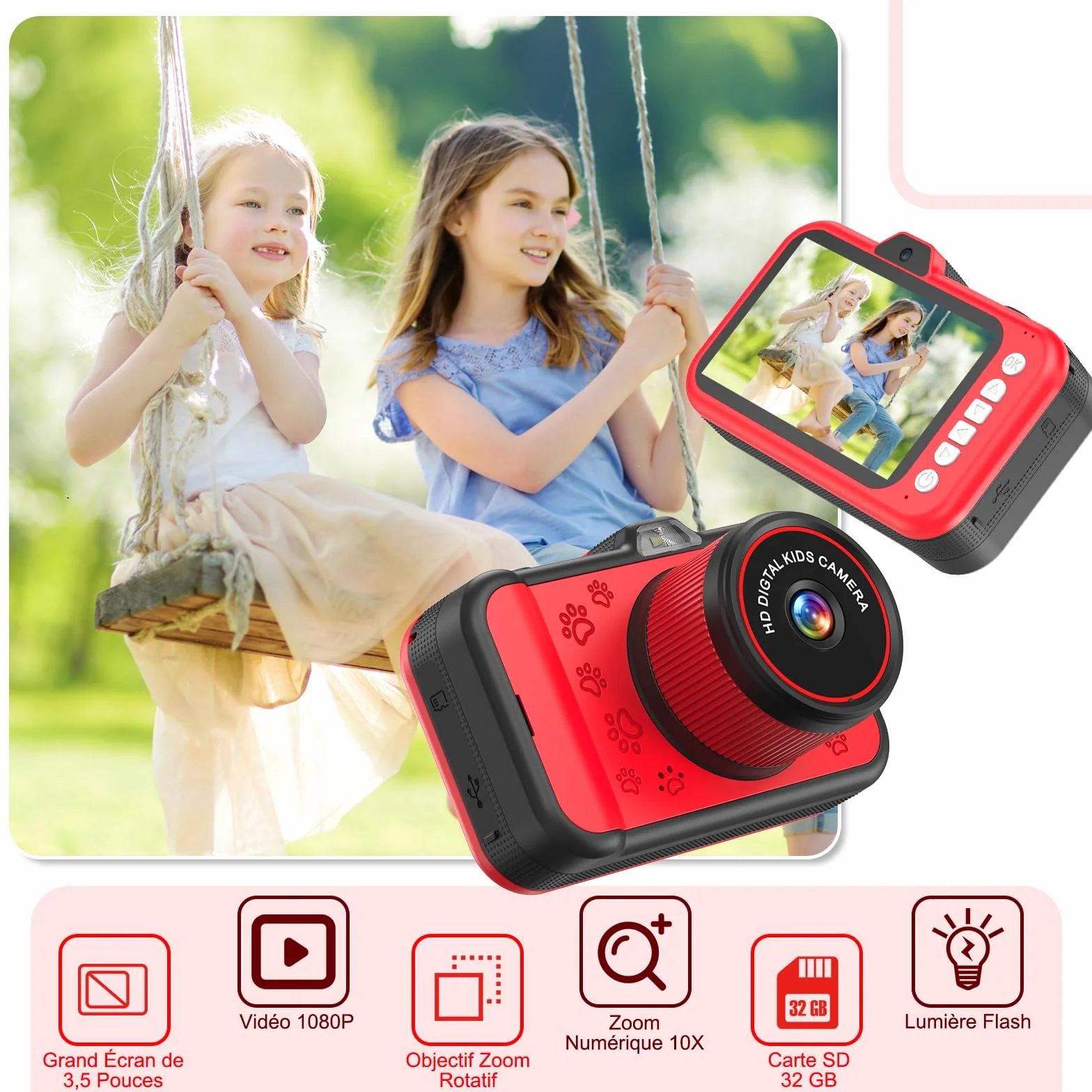 Appareil Photo Enfant Zoom Rotatif 360° Grand Écran 3,5" 1080P Selfie Flash LED Carte SD 32GB Jouet Cadeau Fille Garçons 3-12 Ans