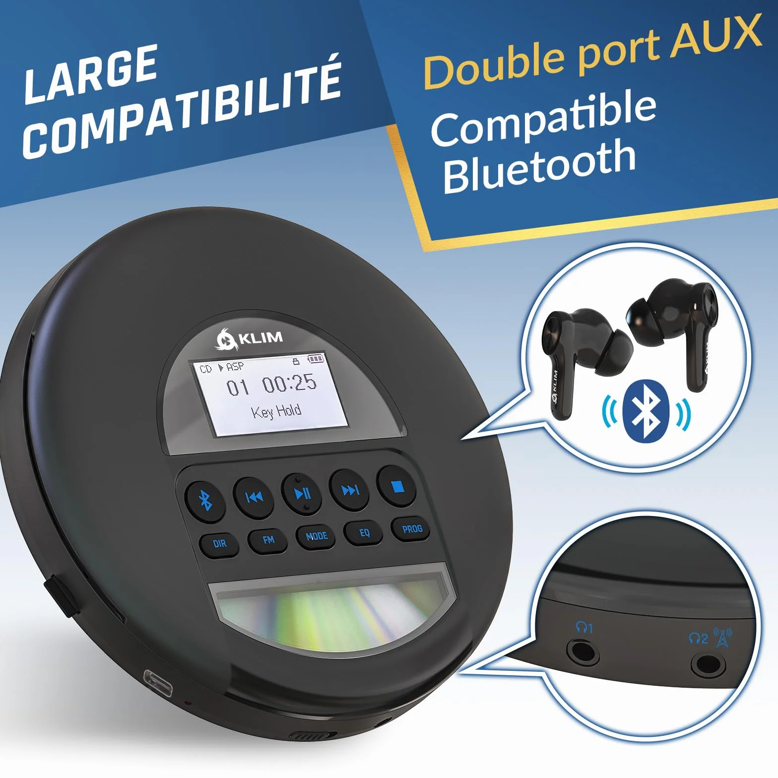 KLIM Nomad Lecteur CD Portable Bluetooth Batterie Intégrée Longue Durée Noir Bleu