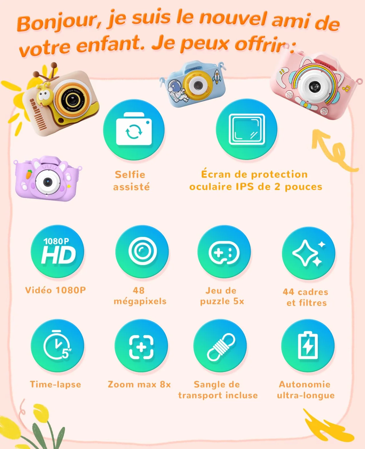 Appareil Photo Numérique Enfants 1080P Écran IPS 2.0 Pouces 44 Cadres Magiques 5 Jeux Éducatifs 3-10 Ans