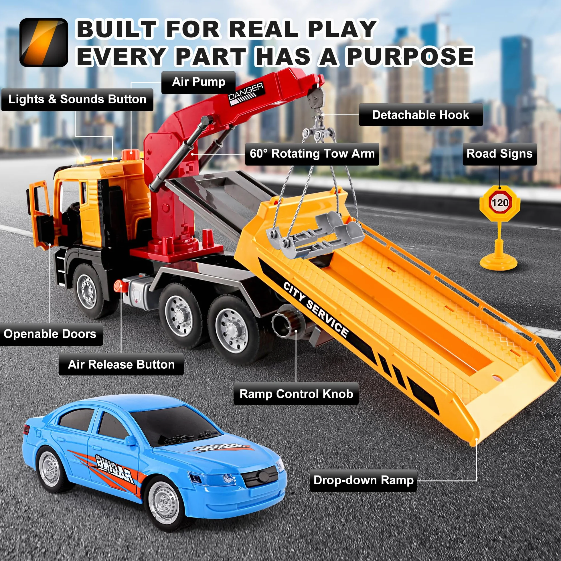 BunnyJOY Camion Dépanneuse avec Grue Jouet Enfants 3-6 Ans Lumière Sons