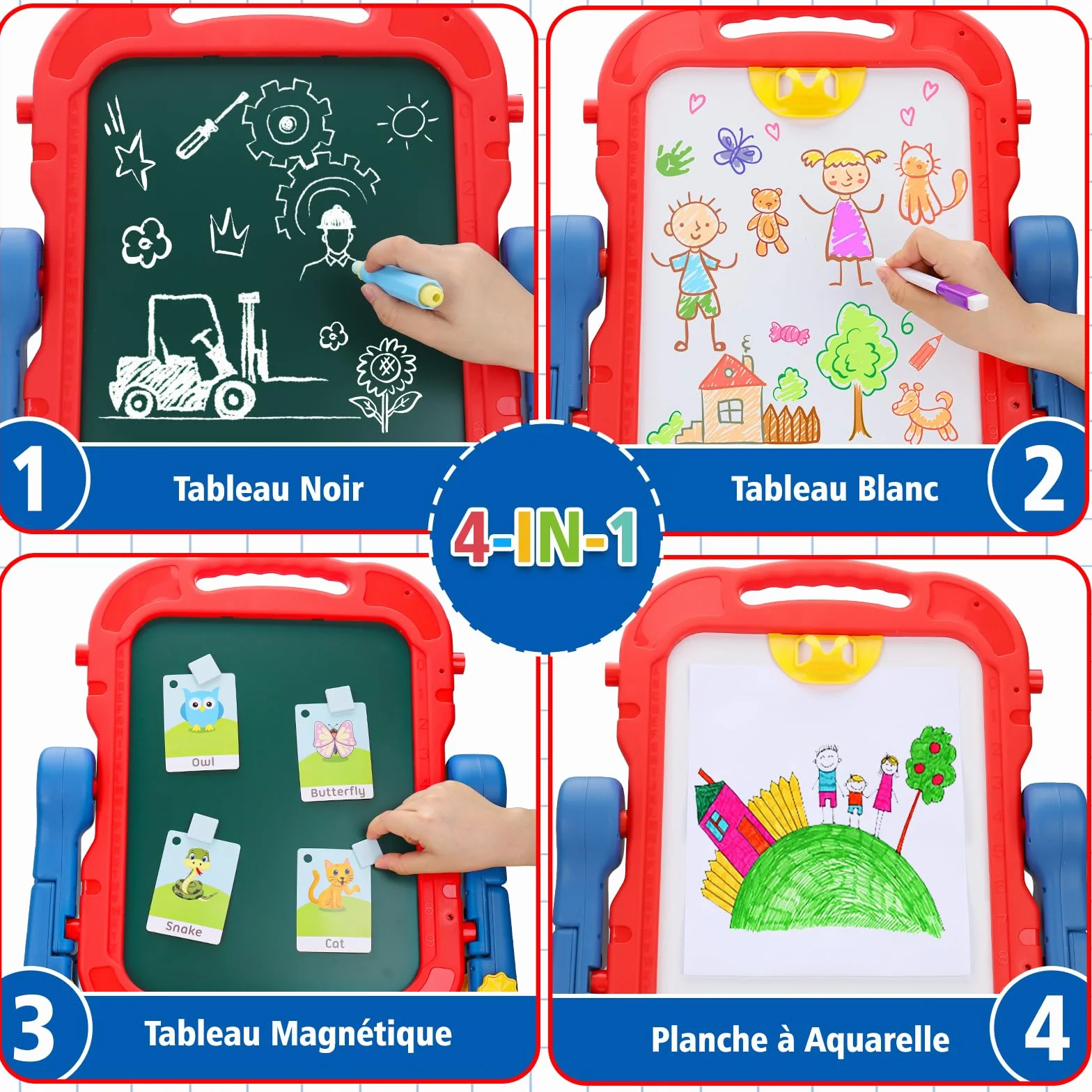 Tableau Enfant Double Face 4 en 1 avec Hauteur Réglable & Rotation 360° Tableau Blanc Noir Magnétique Chevalet Peinture pour Enfants 2-5 Ans (Rouge)