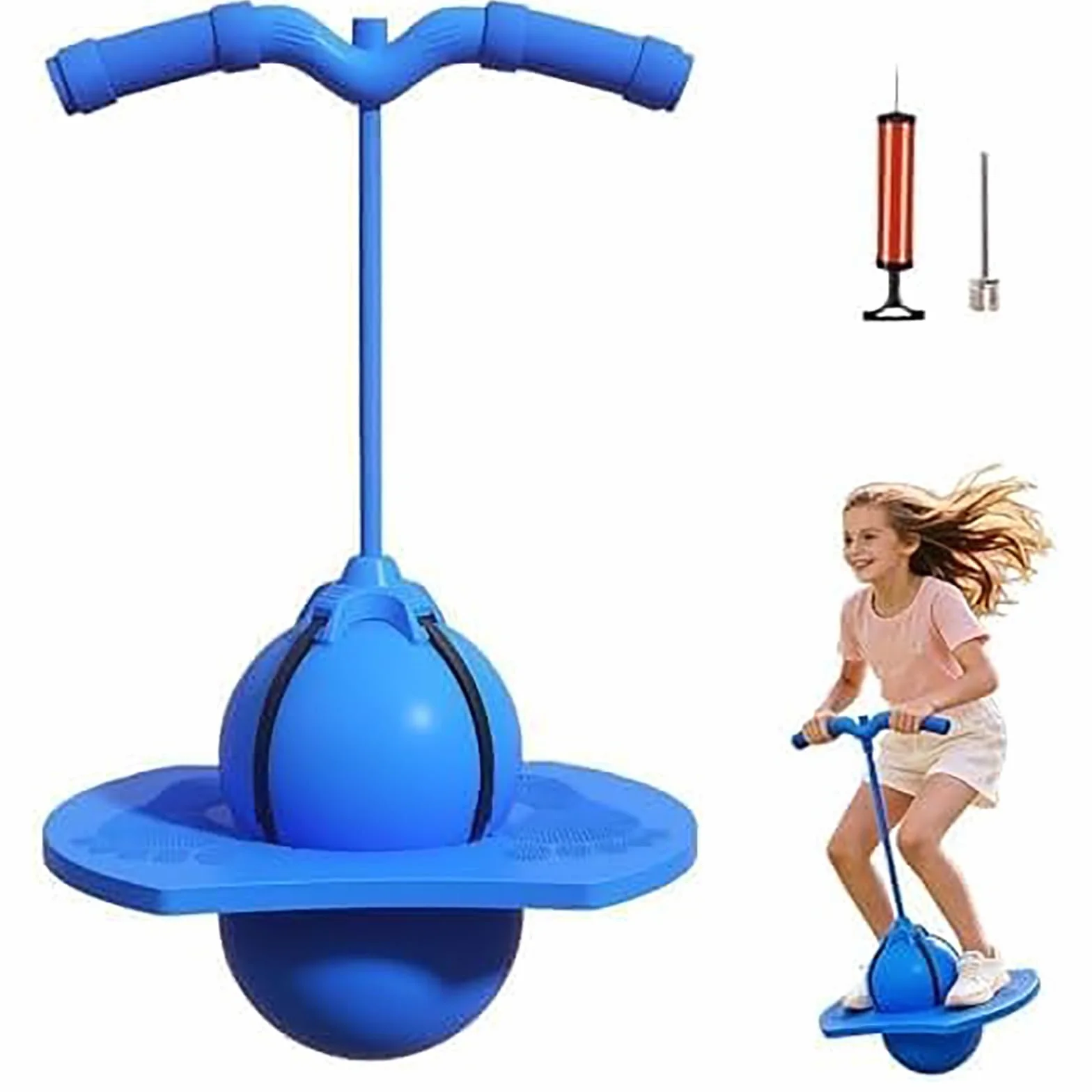 Ballon Sauteur ZVD, Ballon d'Équilibre et Coordination Élastique Antidérapant avec Poignée et Pompe, Jouet d'Extérieur Bleu