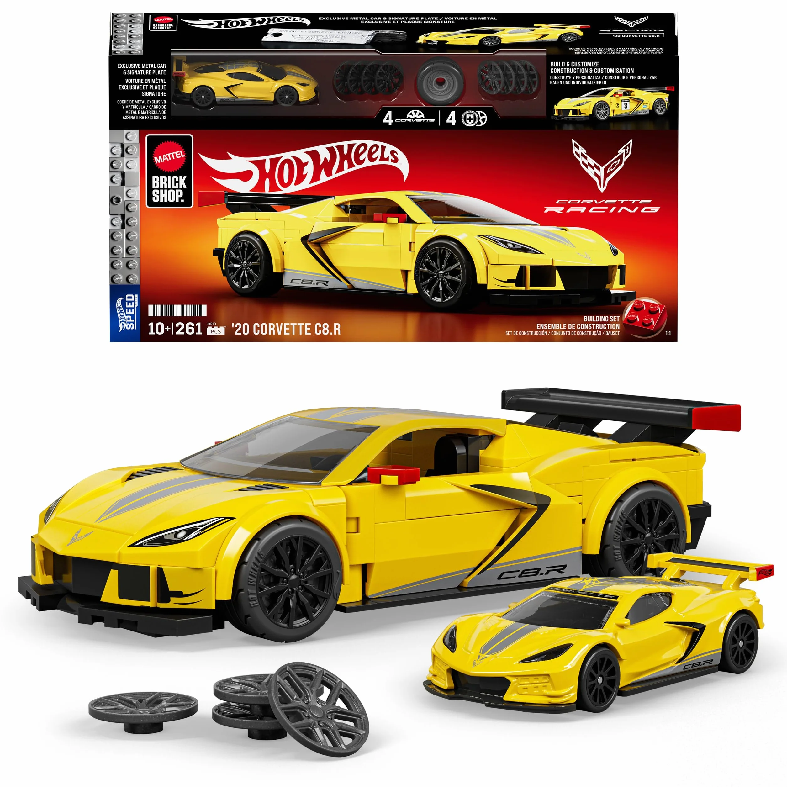 Mattel Brick Shop Hot Wheels Coffret de Construction Corvette C8.R de 2020 série Elite, 261 pièces, détails réalistes, Autocollants personnalisés, collectionneurs Adultes et Enfants dès 10 Ans, JKR19