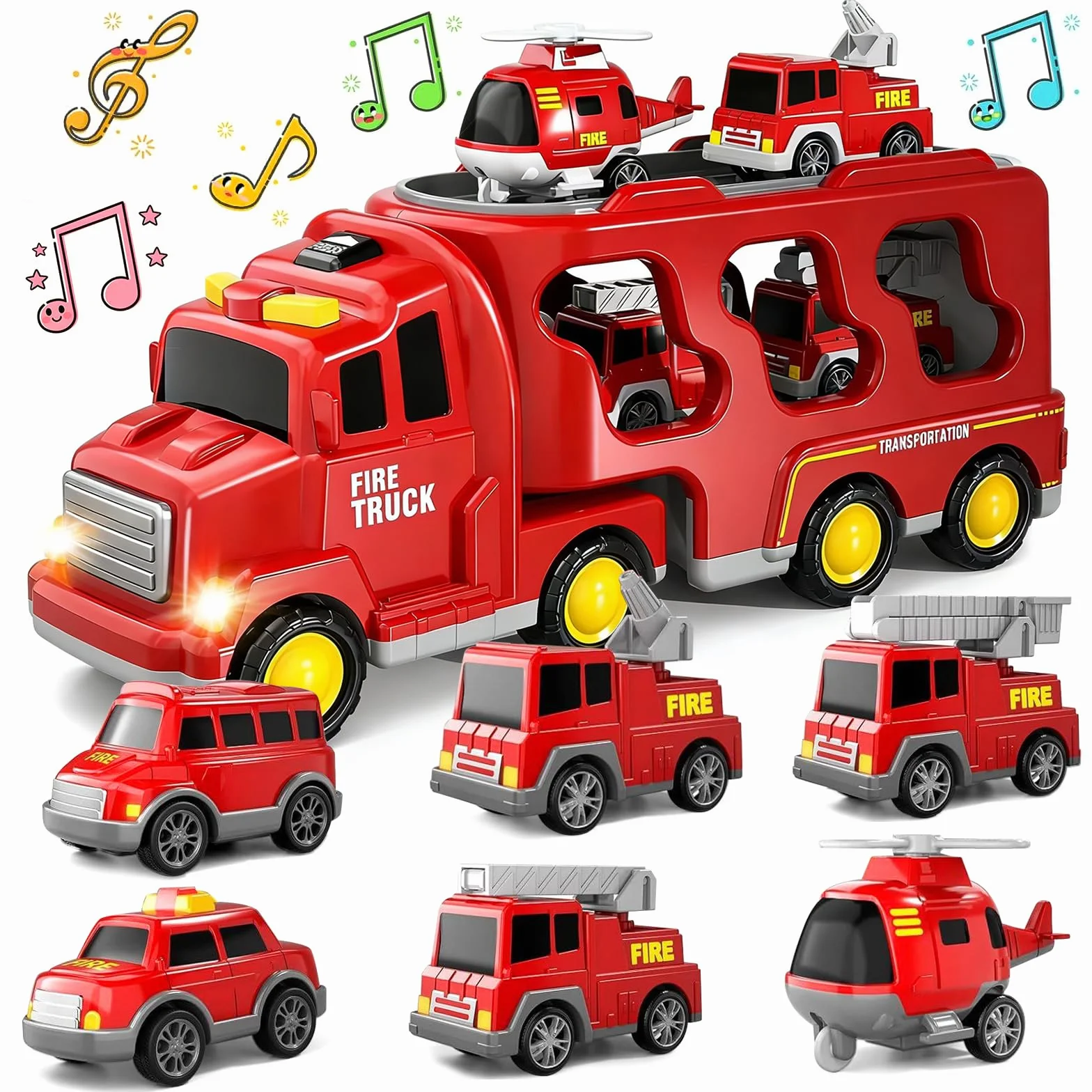 Camion Pompier Jouet 7 en 1 avec 6 Véhicules Sons et Lumières Transporteur à Friction pour Enfants 3-6 Ans