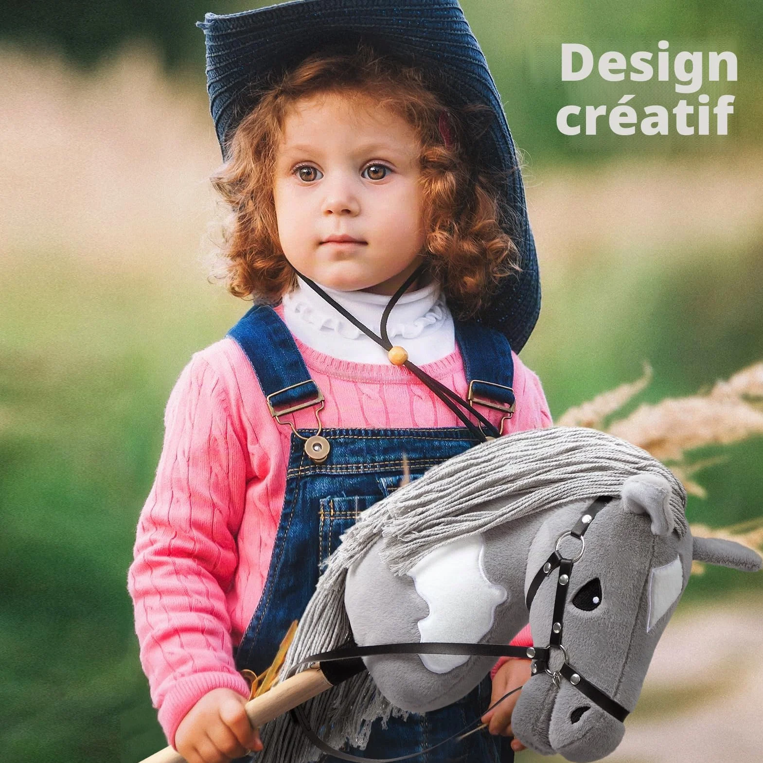 BEJOY Stick Horse Hobby Cheval sur Bâton avec Licou et Rênes Gris-Blanc