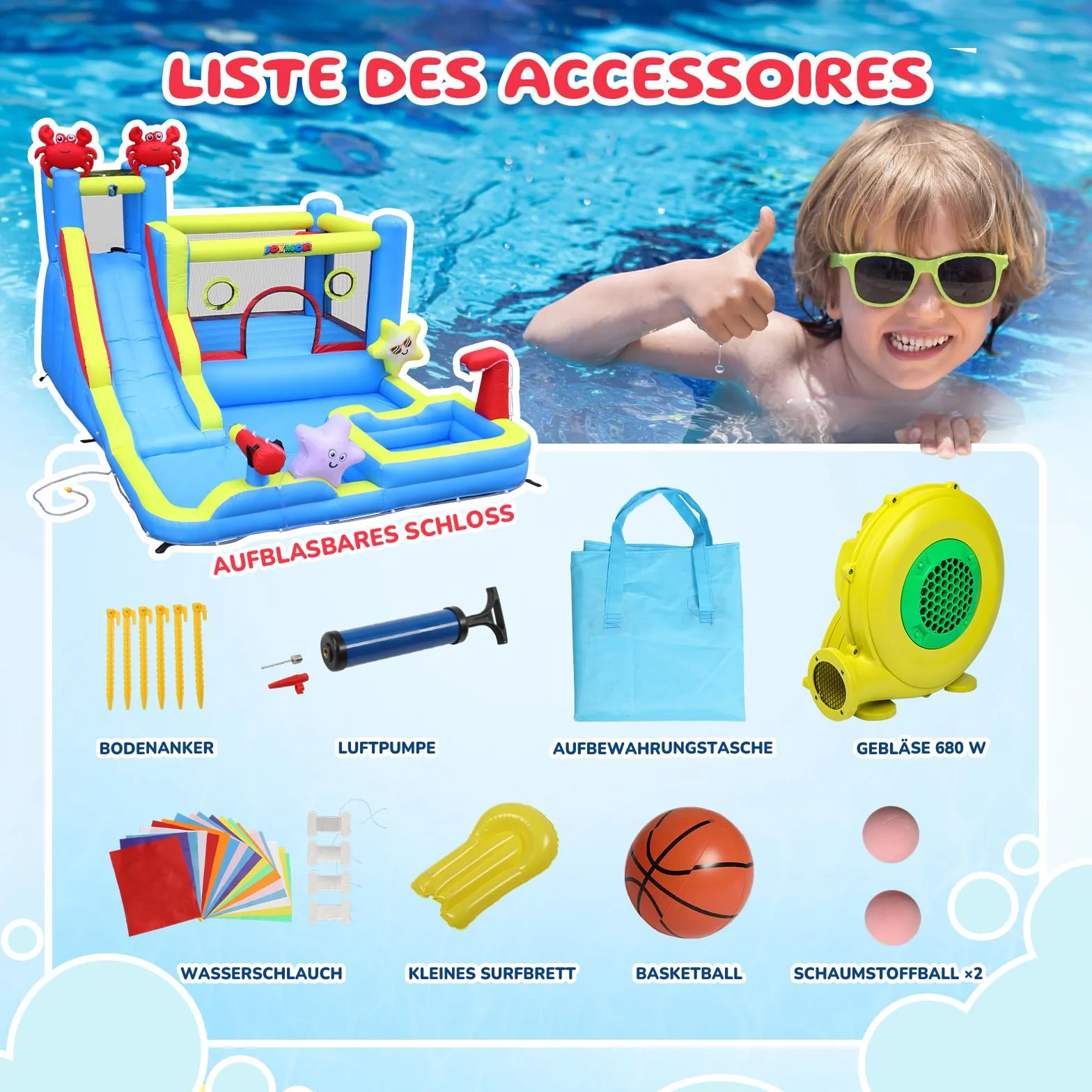 Bonnlo Chateau Gonflable avec Piscine Toboggan Mur d'escalade Trampoline 375x292x230cm Jardin Extérieur Ventilateur Inclus Thème Océanique