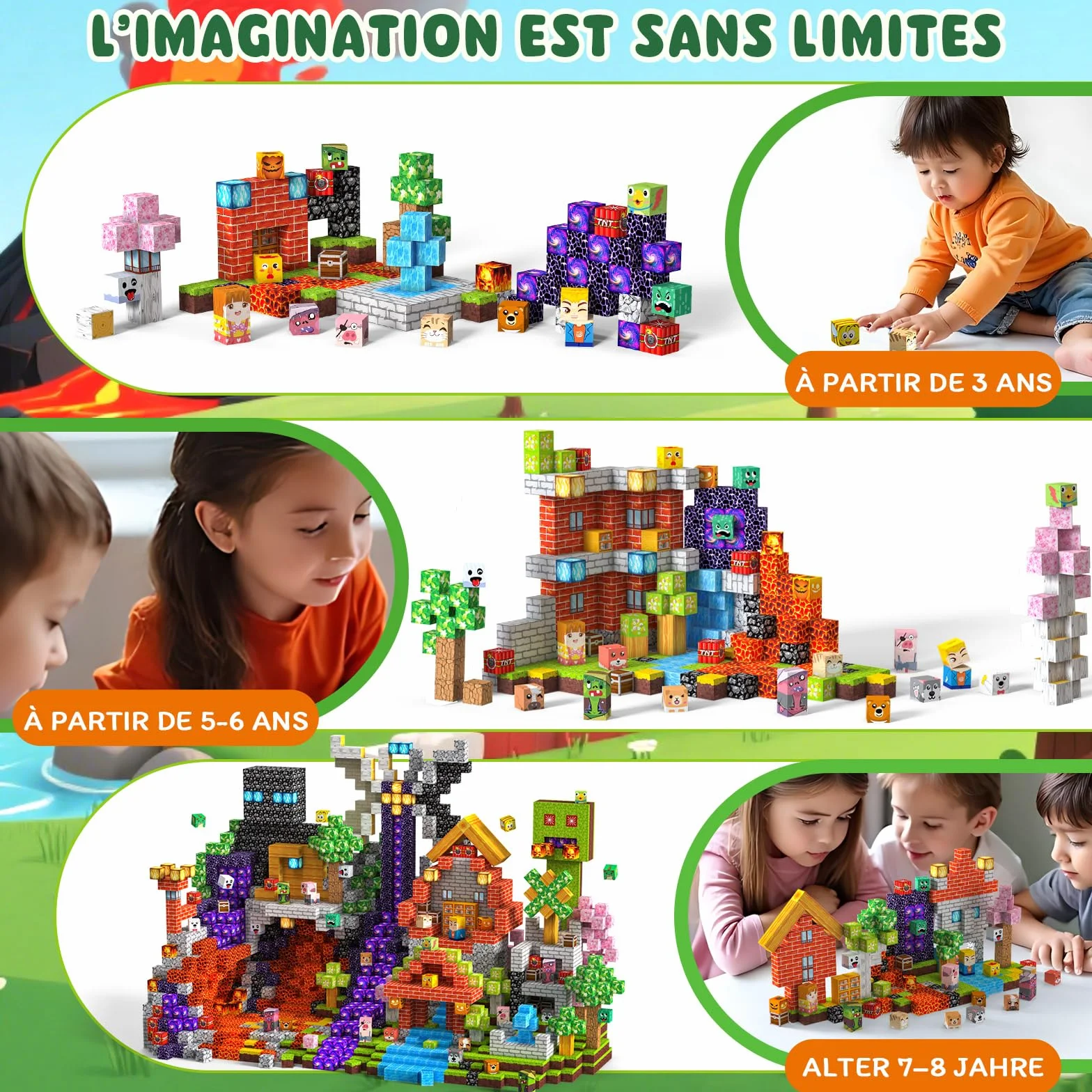 Magnetic Blocks 330 pièces Construction Magnétique Enfant 3+ Jeu Aimants Bloc Cube Montessori