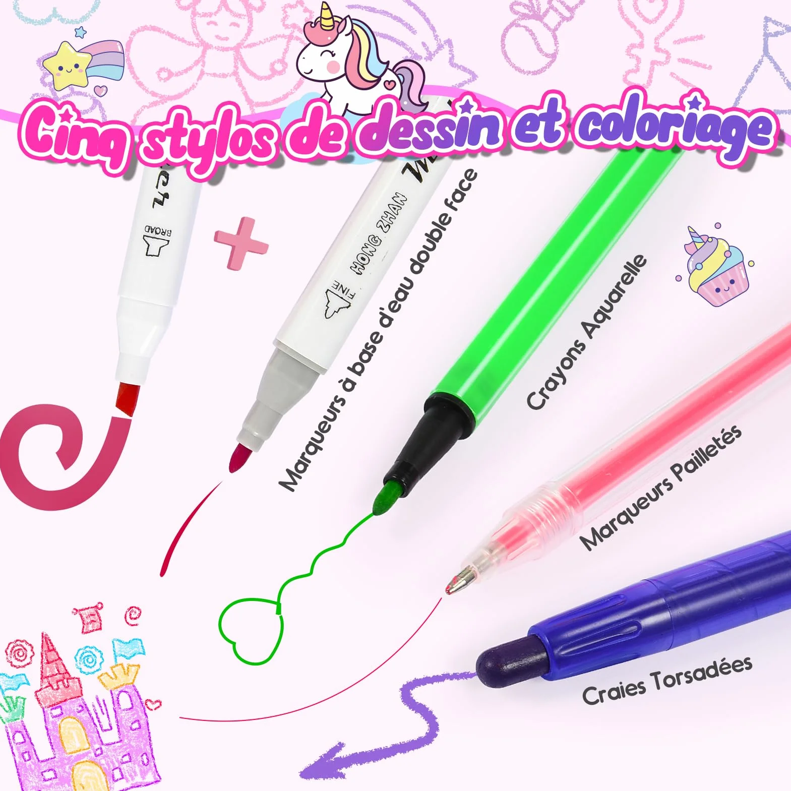 HappyGoLucky Malette Dessin Enfant 48 Pinceaux Autocollants Imperméable Facile Nettoyer Cadeau Fille 3-10 Ans Rose