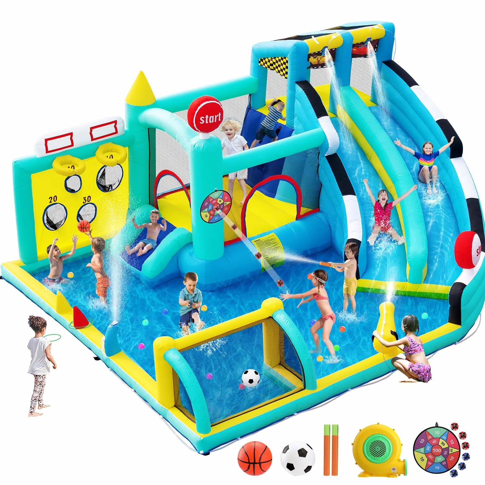 Château Gonflable XXL avec Toboggan pour Enfants Extérieur, Aire de Jeux avec Trampoline, Murs d'escalade, Piscine, 470×400×220cm, 225kg