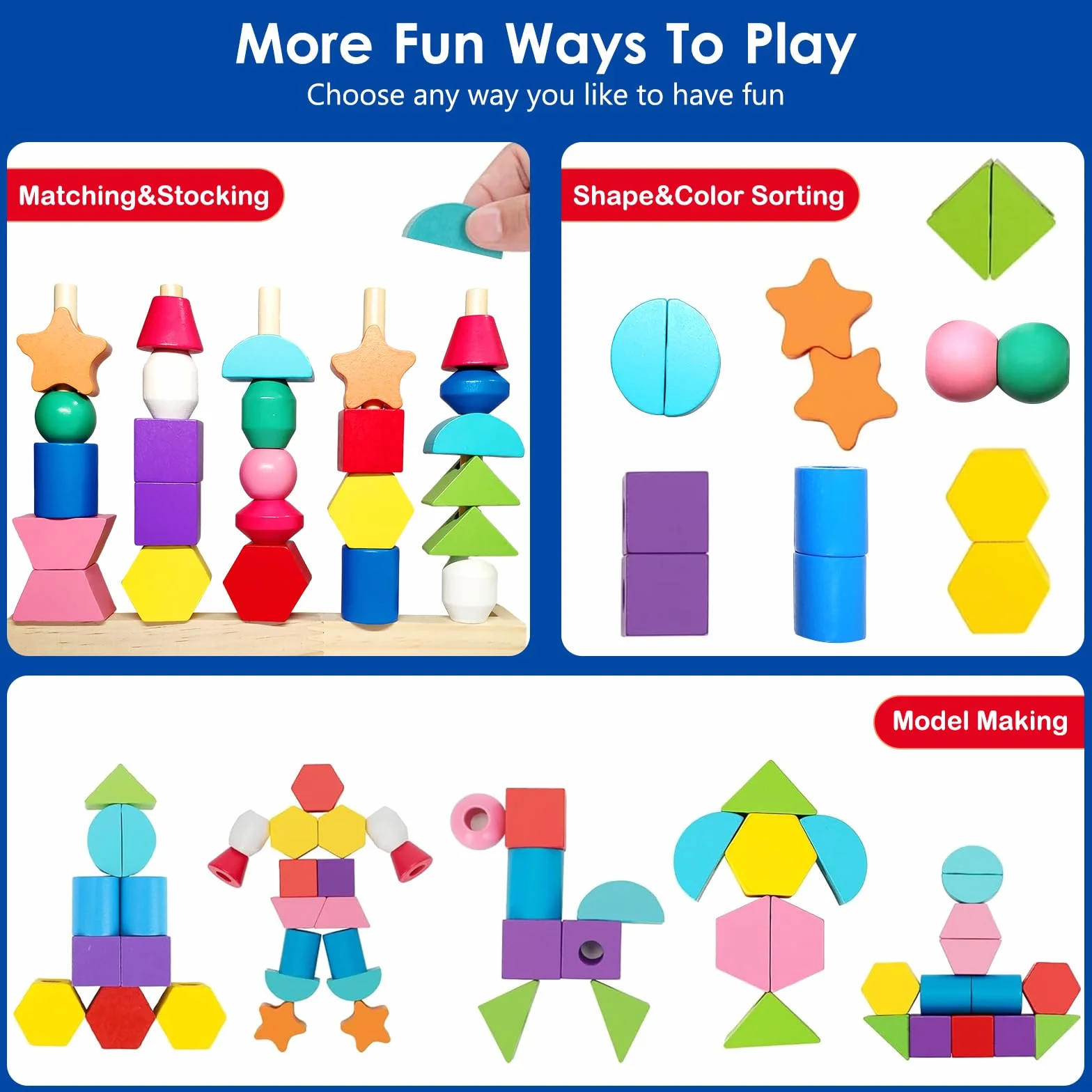 Jeux Montessori 3 en 1 Jouets de Perles de Laçage en Bois, Empilable et Enfiler, Tri, Éducatif 2-5 Ans
