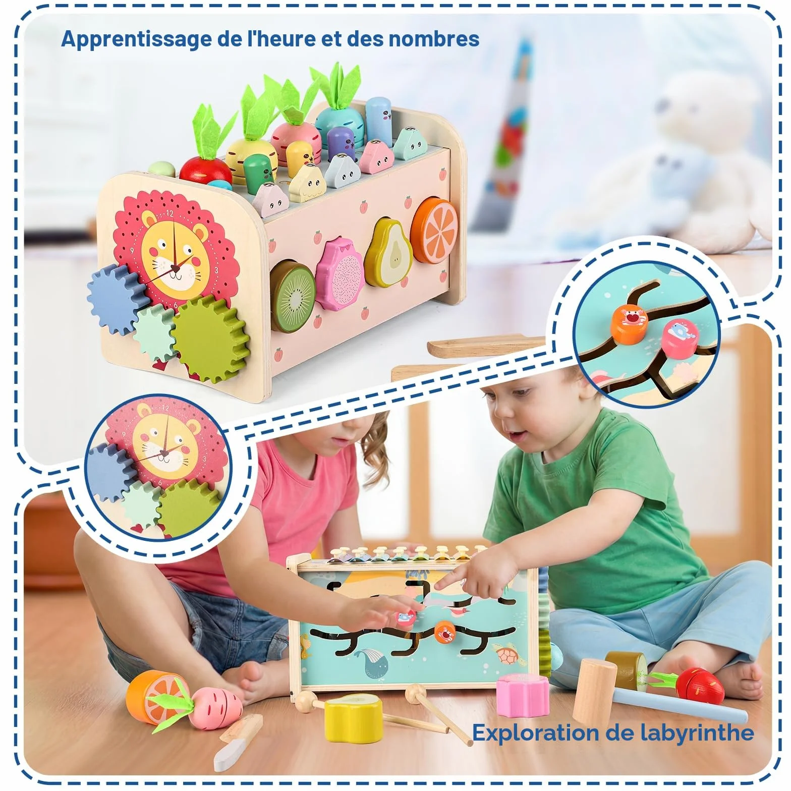Jouet Montessori Enfant 1 an 9 en 1 Jeux en Bois Bebe Educatif Fille Garcon avec Xylophone Jeu Peche Marteau Jouet d'activite Musicaux Interactif Cadeau Anniversaire 2 Ans