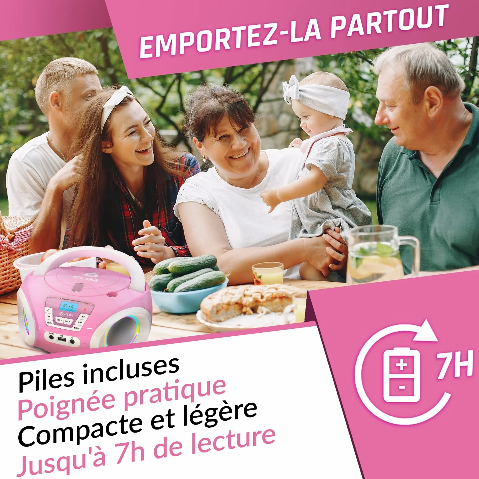 KLIM Candy Lecteur CD Enfant Radio FM Rose avec Haut-parleurs