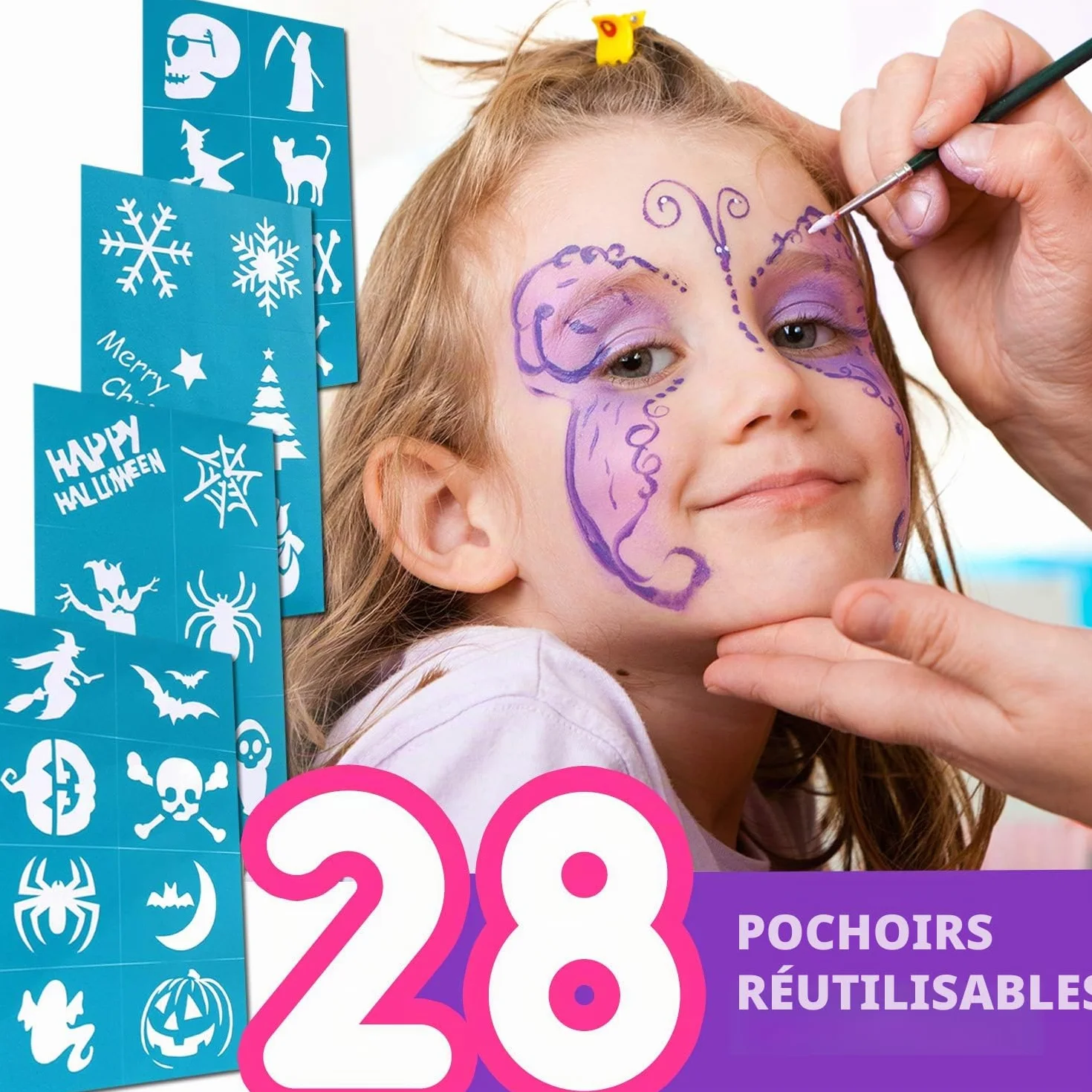 Kit Peinture Visage Enfant Maquillage Halloween 18 Peintures à l'Eau 28 Pochoirs