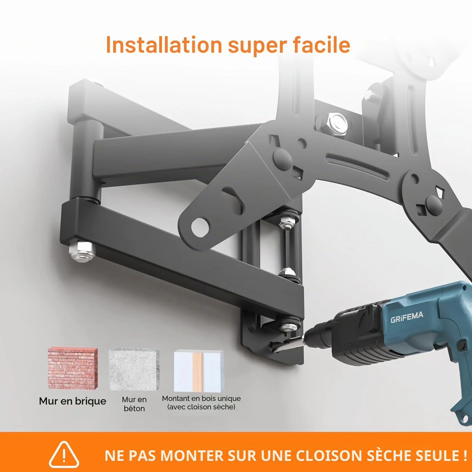 GRIFEMA Support Mural TV 13-43 Pouces Fixation Murale Orientable Inclinable VESA 20KG