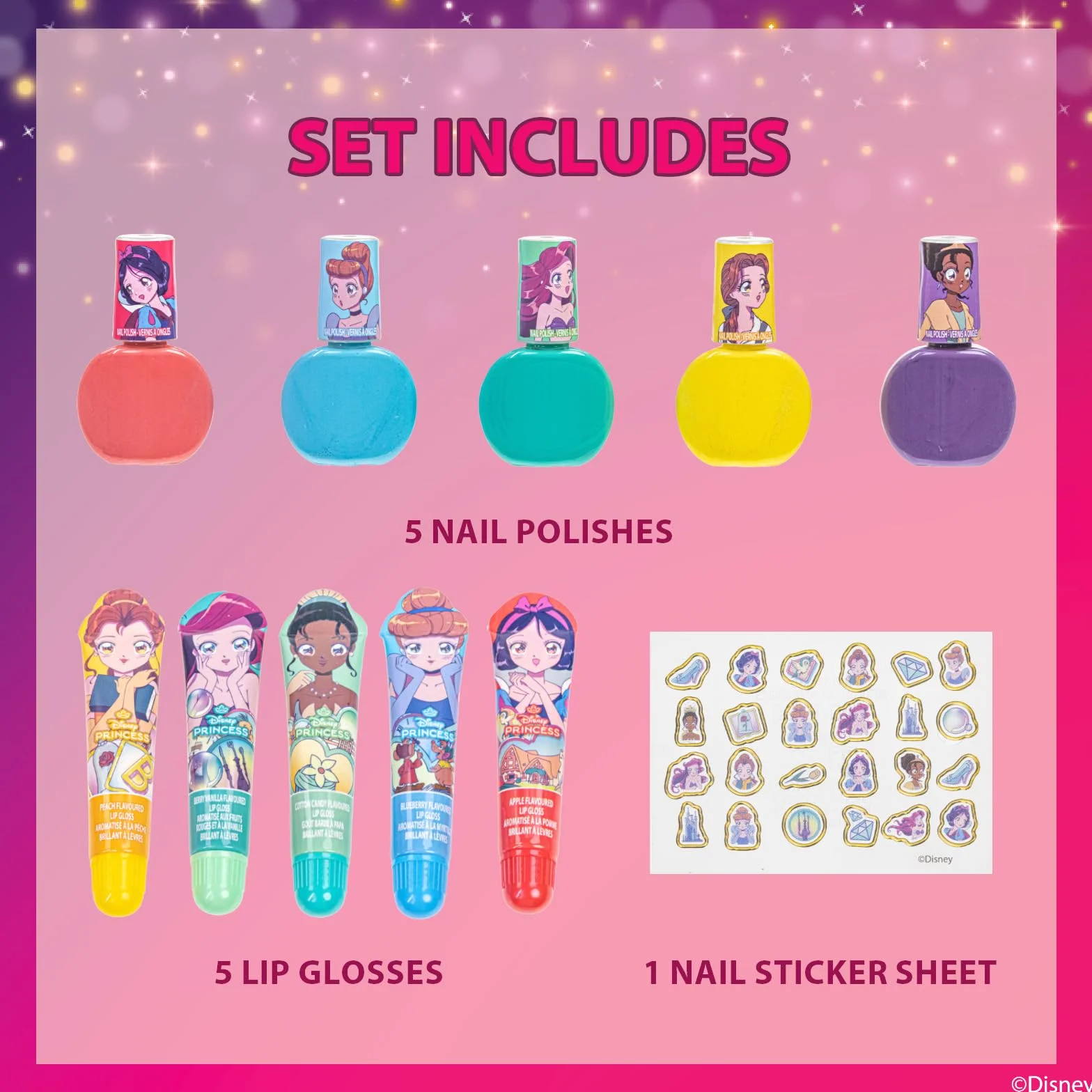 Disney Princess Coffret Maquillage Pailleté 11 pcs Gloss Vernis Stickers