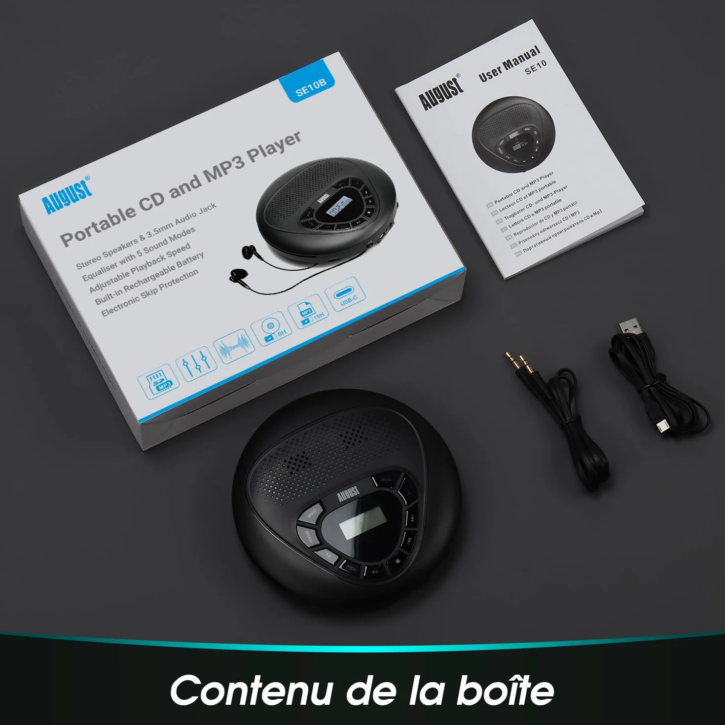 Lecteur CD Portable August SE10 Baladeur CD MP3 Rechargeable Antichocs Noir