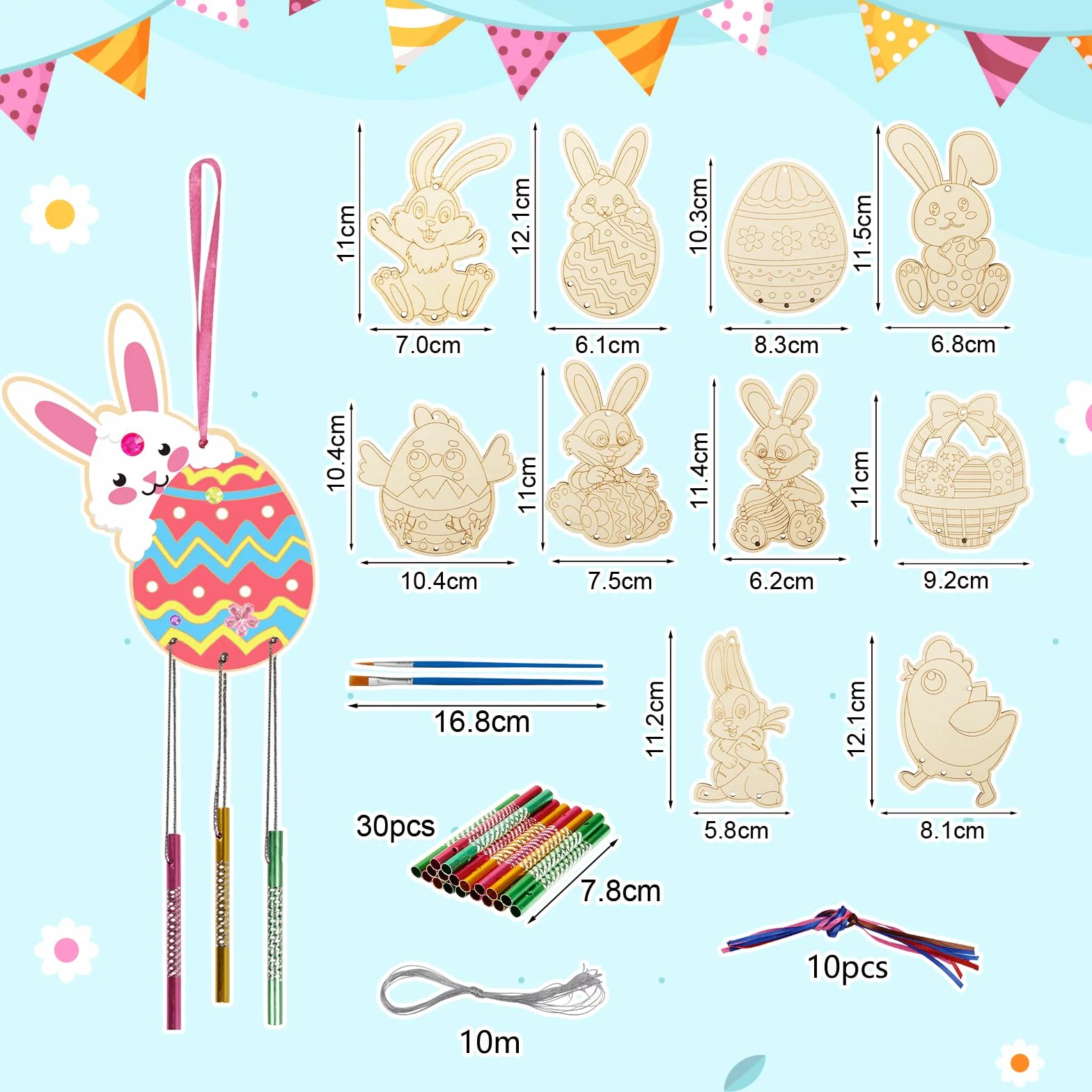 HONMOK Carillon Vent Lapin Poussin Oeuf Panier Gravé en Bois avec Pinceaux Peinture pour Enfants Loisirs Créatifs Pâques DIY