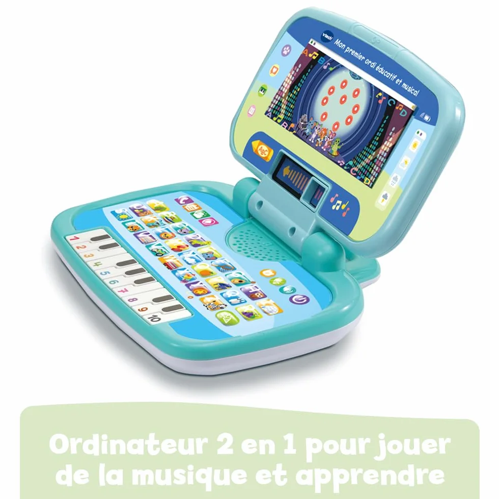 VTech Mon Premier Ordi Éducatif et Musical Ordinateur Portable Enfant avec Écran Animé Clavier ABC Poignée de Transport 7 Jeux Éducatifs Cadeau Enfant 2 à 5 Ans