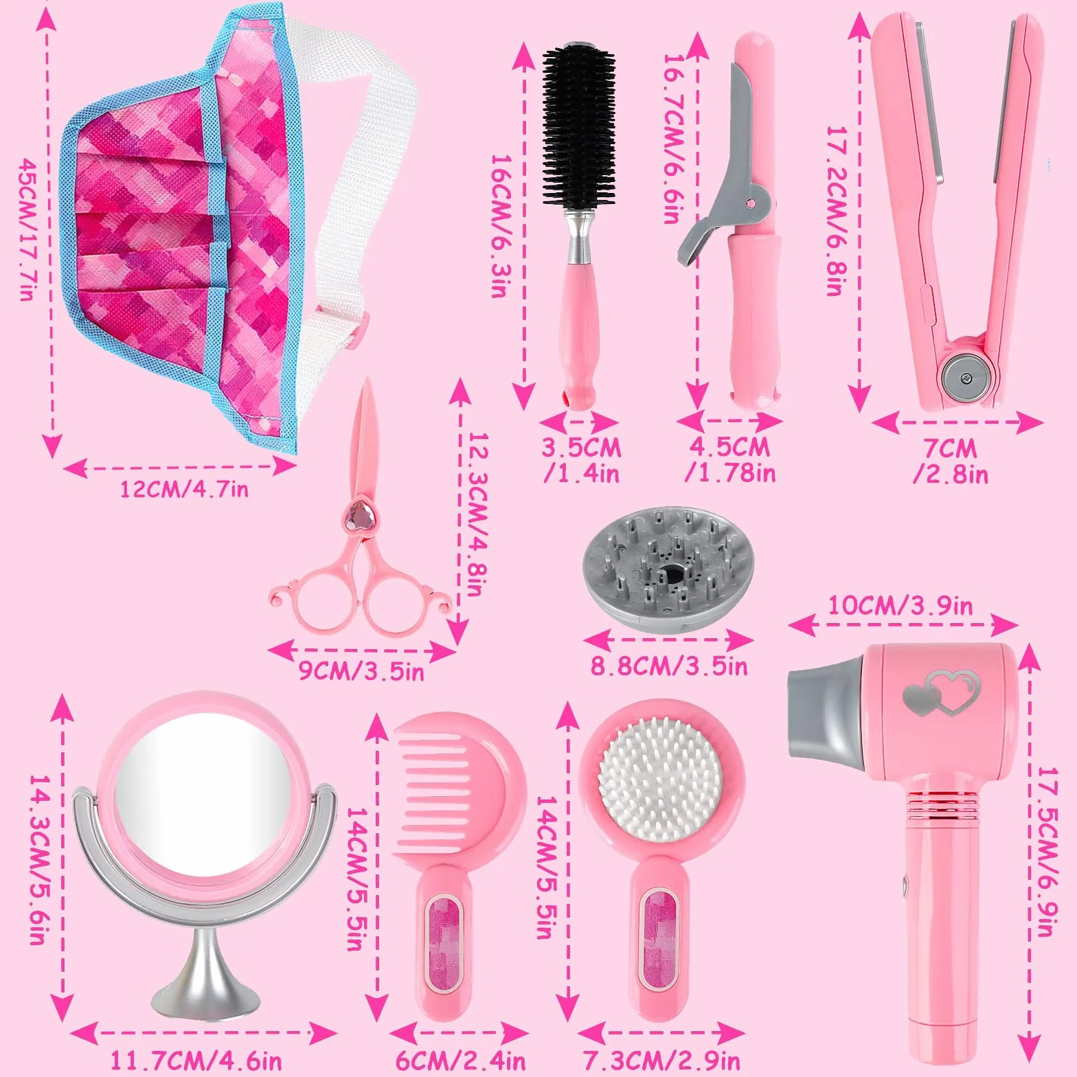 deAO Ensemble de Salon de Beauté pour Filles 35 Pièces, Jeu de Simulation Coiffeur avec Sèche-Cheveux, Miroir et Fer à Friser