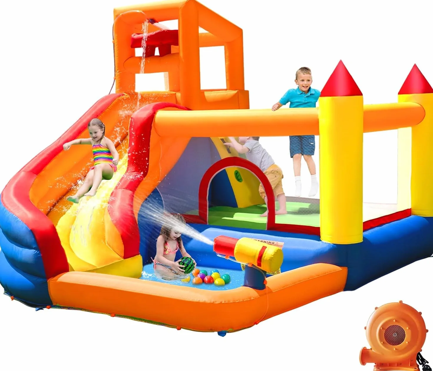 Ballsea Grand château gonflable avec ventilateur toboggan sec ou eau 320 x 280 x 232 cm