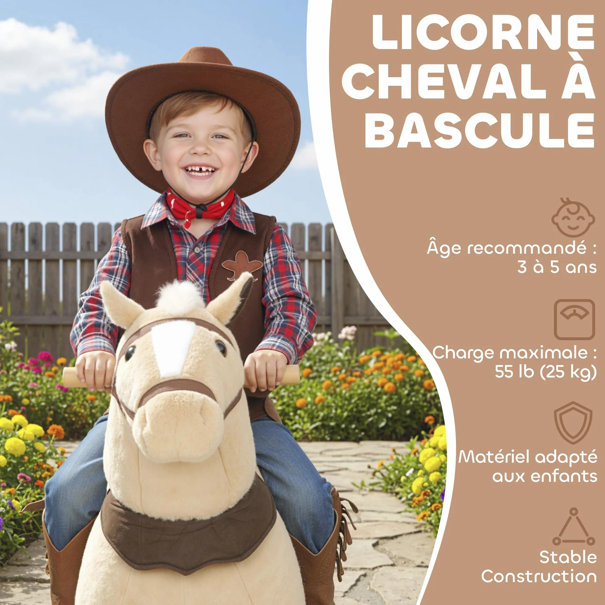AIYAPLAY Cheval à Bascule en Peluche sur roulettes, avec Selle et Harnais, pour Enfant 3-5 Ans, Charge Max 25 kg, Marron