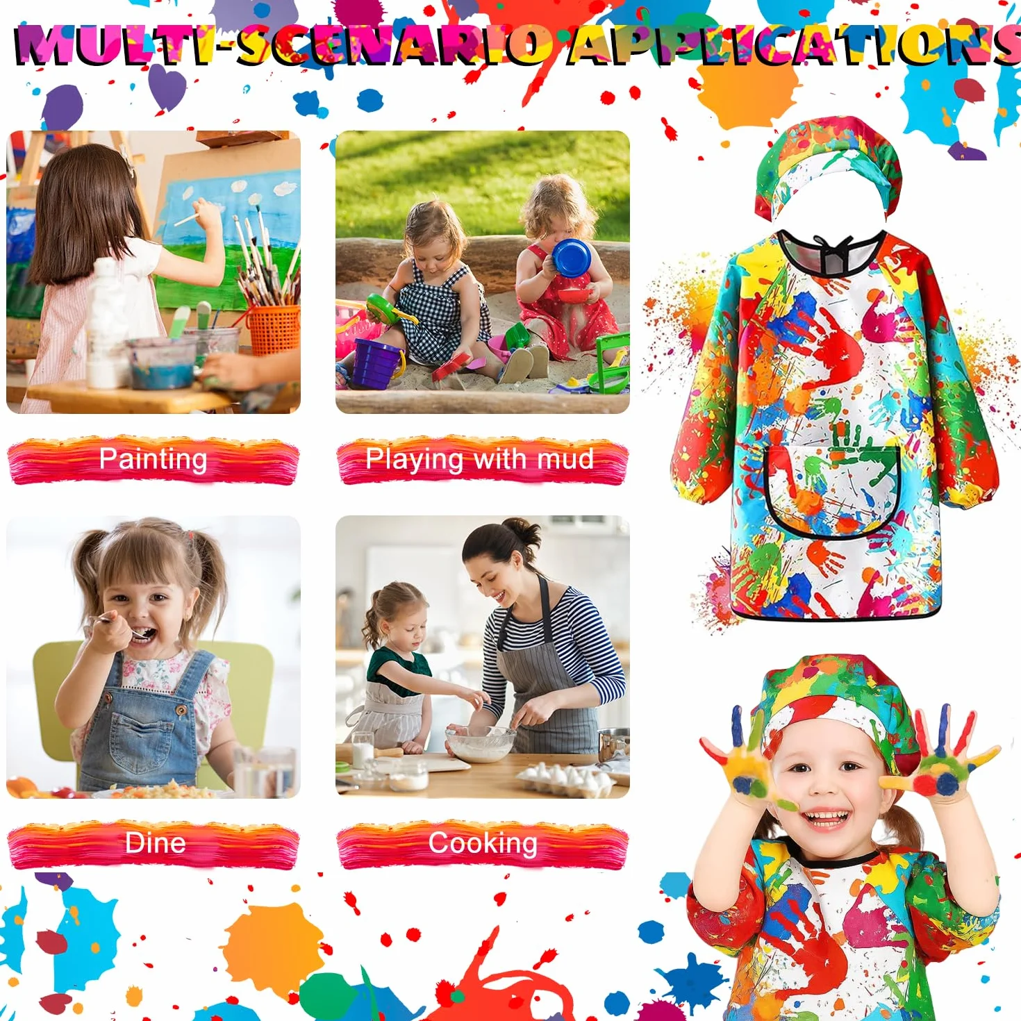 Tablier Peinture Enfant Imperméable 7-11 ans Réutilisable avec Capuche Manches Poches