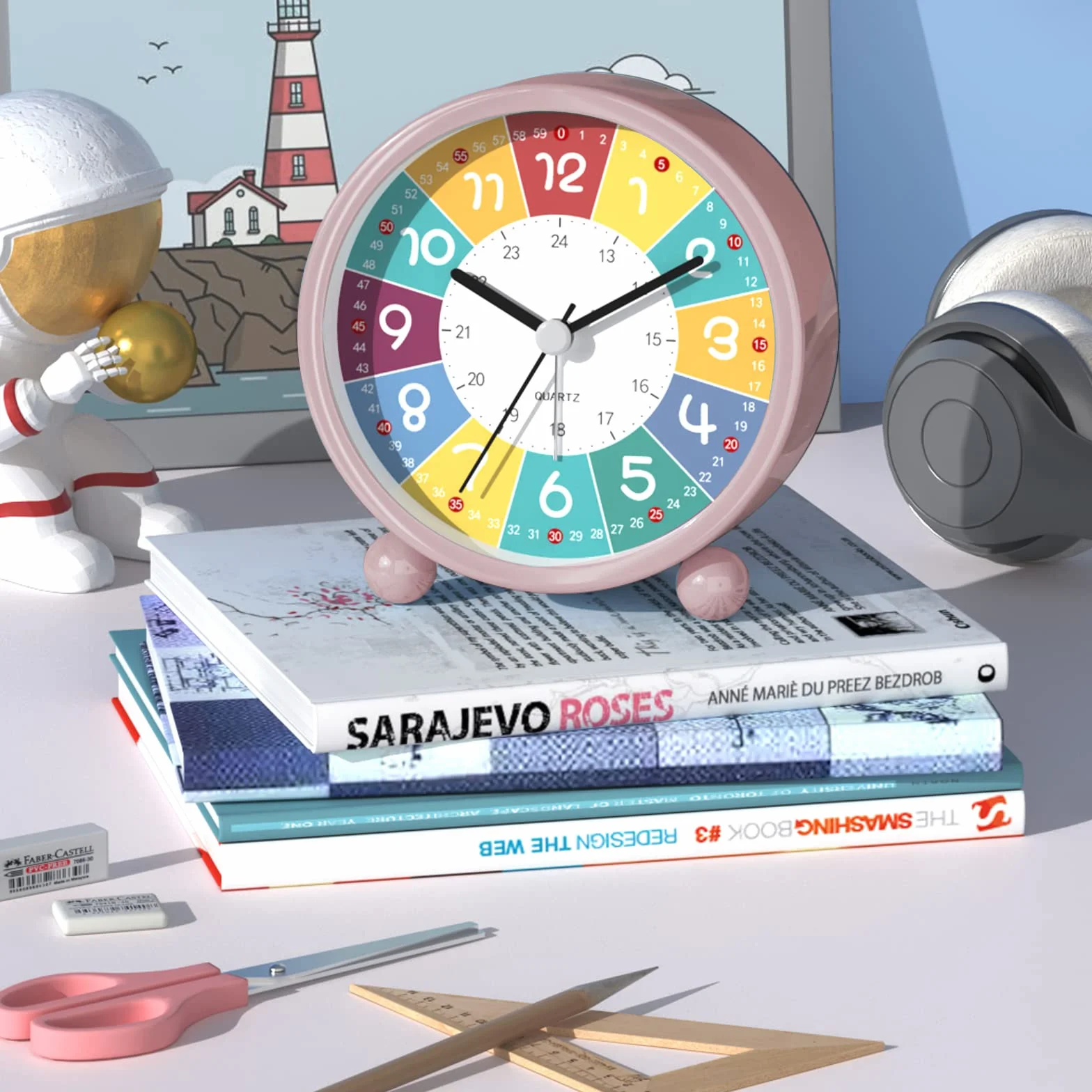 Réveil analogique enfant sans tic-tac éducatif horloge quartz alarme puissante veilleuse piles rose