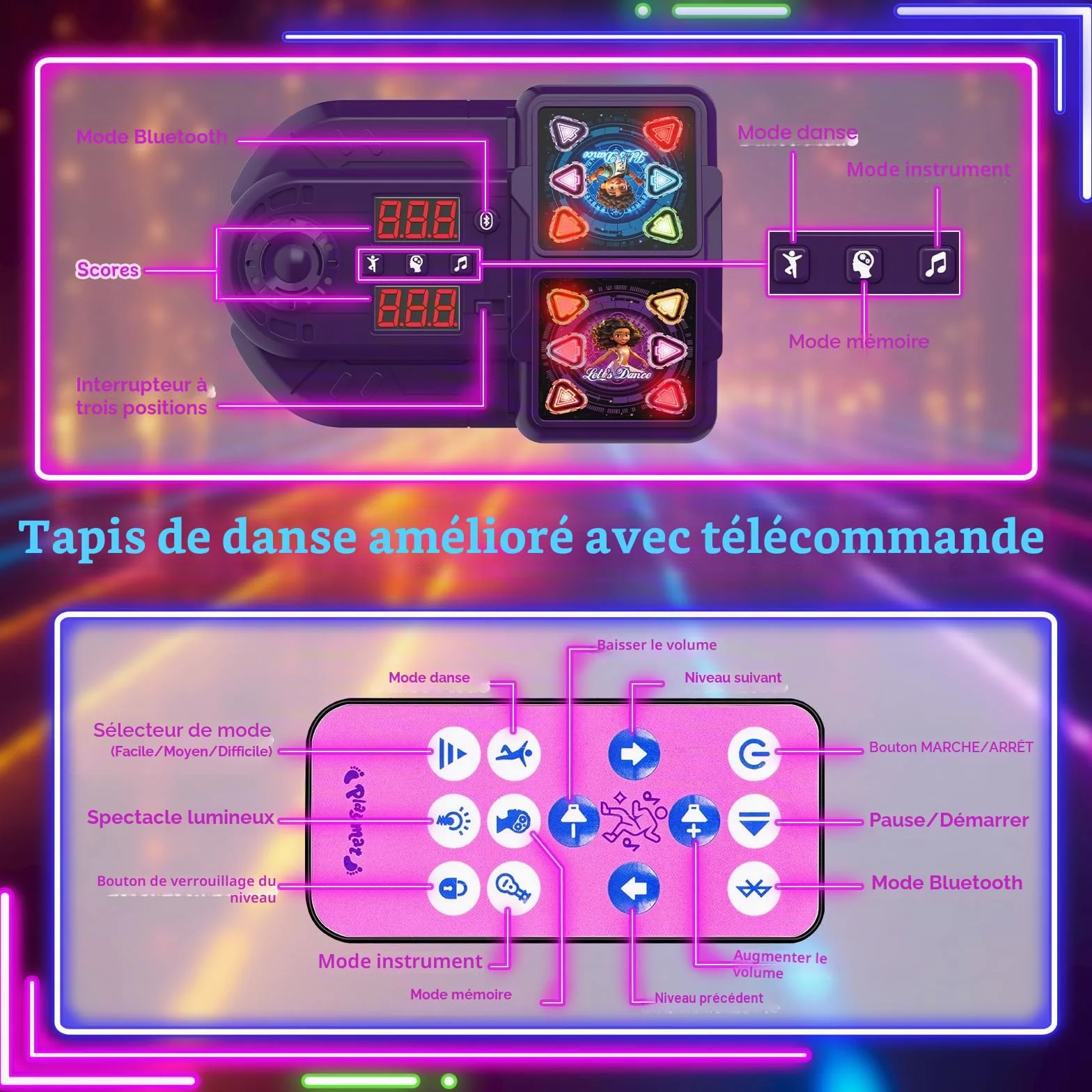 Tapis de Danse Musical Bluetooth 12 Boutons Lumineux pour Enfants 3-12 Ans