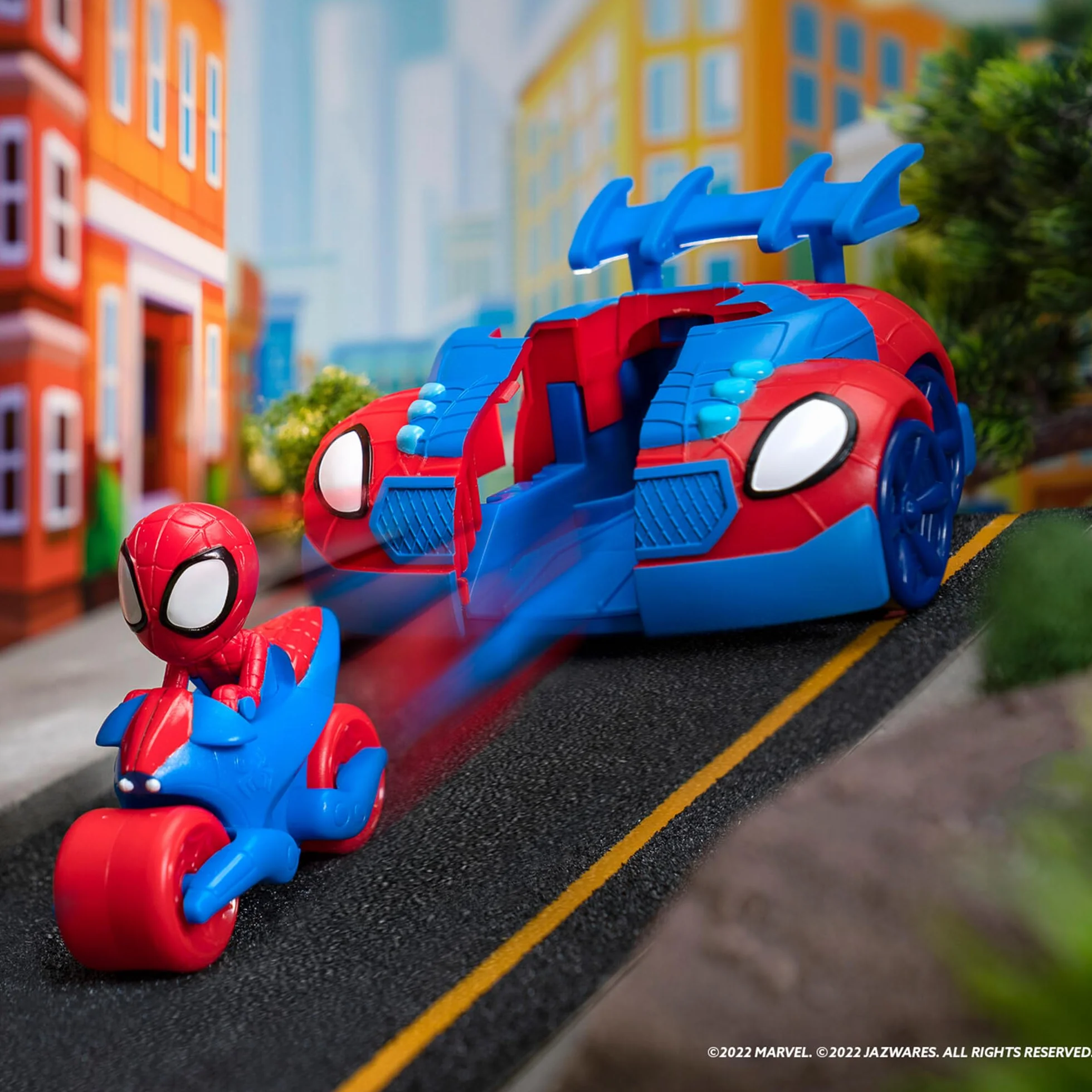 Marvel Web Strike Ses Amis Extraordinaires Véhicule 2 en 1 Lance Spidey Web Cycle Jouet