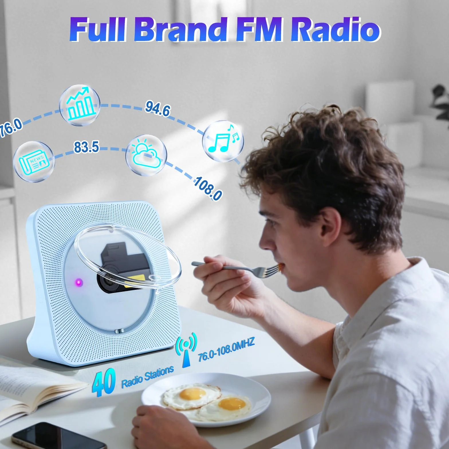 Lecteur CD Portable Enfants Radio Bluetooth Haut-Parleur HiFi USB FM Prise Casque Minuterie Veille Bleu