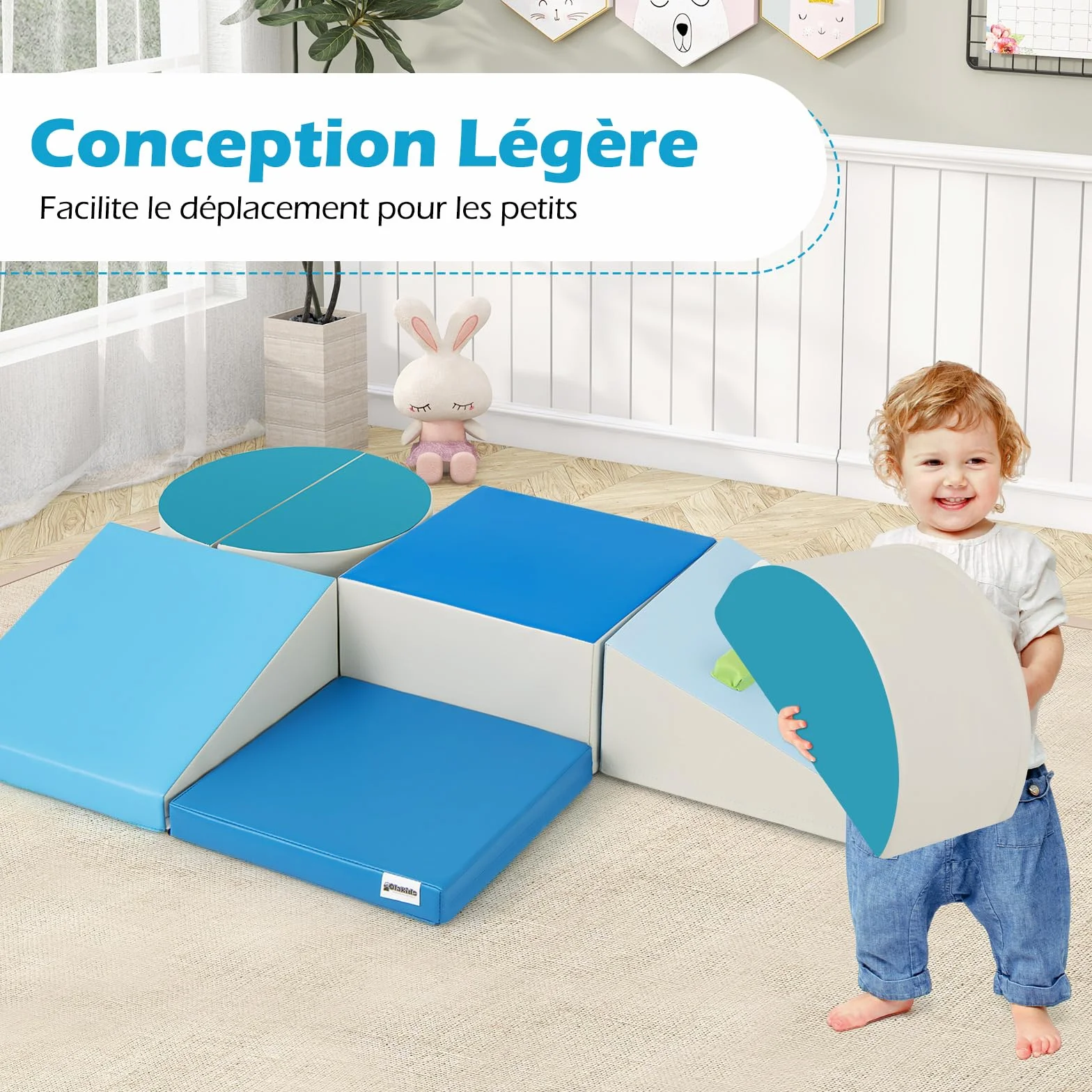 COSTWAY Parcours Motricité Bébé Mousse Housse PU Roches Escalade Attaches Crochets Jouets Éducatifs Ramper Grimper 12 Mois+ Bleu