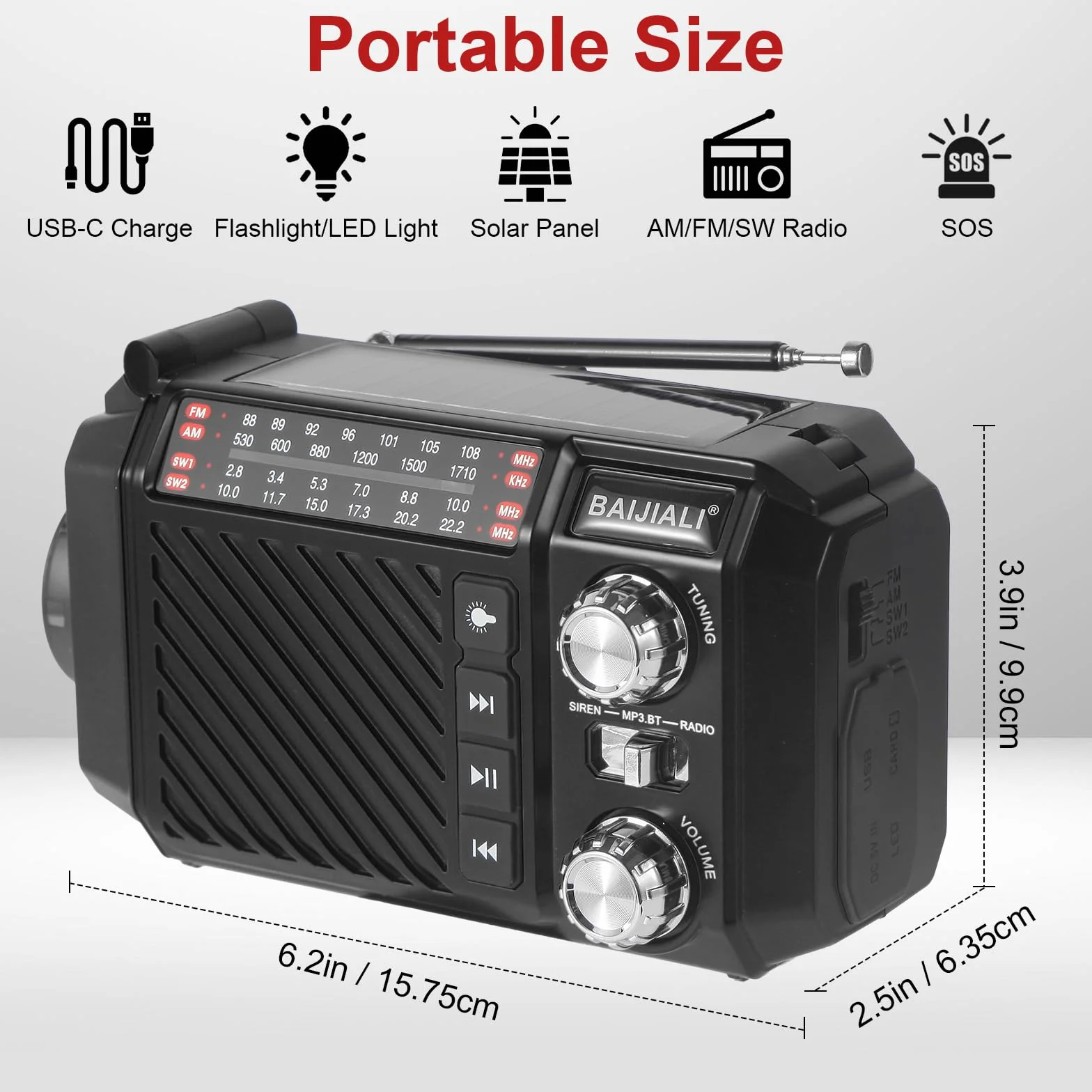Radio de Survie à Manivelle avec Power Bank 2600mAh, Radio Solaire Dynamo AM/FM/OC, Lampe Torche SOS Rechargeable USB - Noir