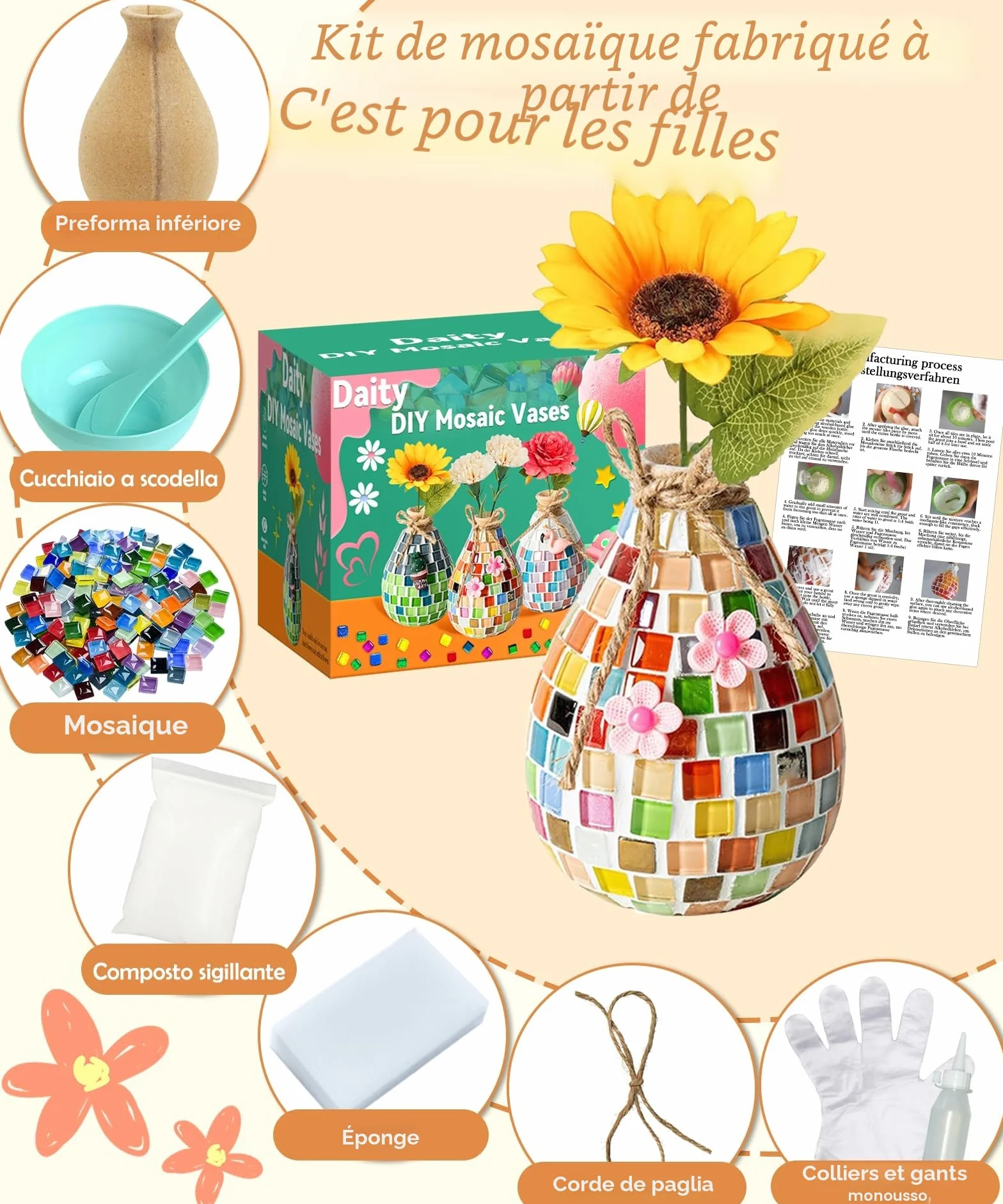 Kit de bricolage mosaïque enfant Daity cadeau fille 6-12 ans petit vase coloré