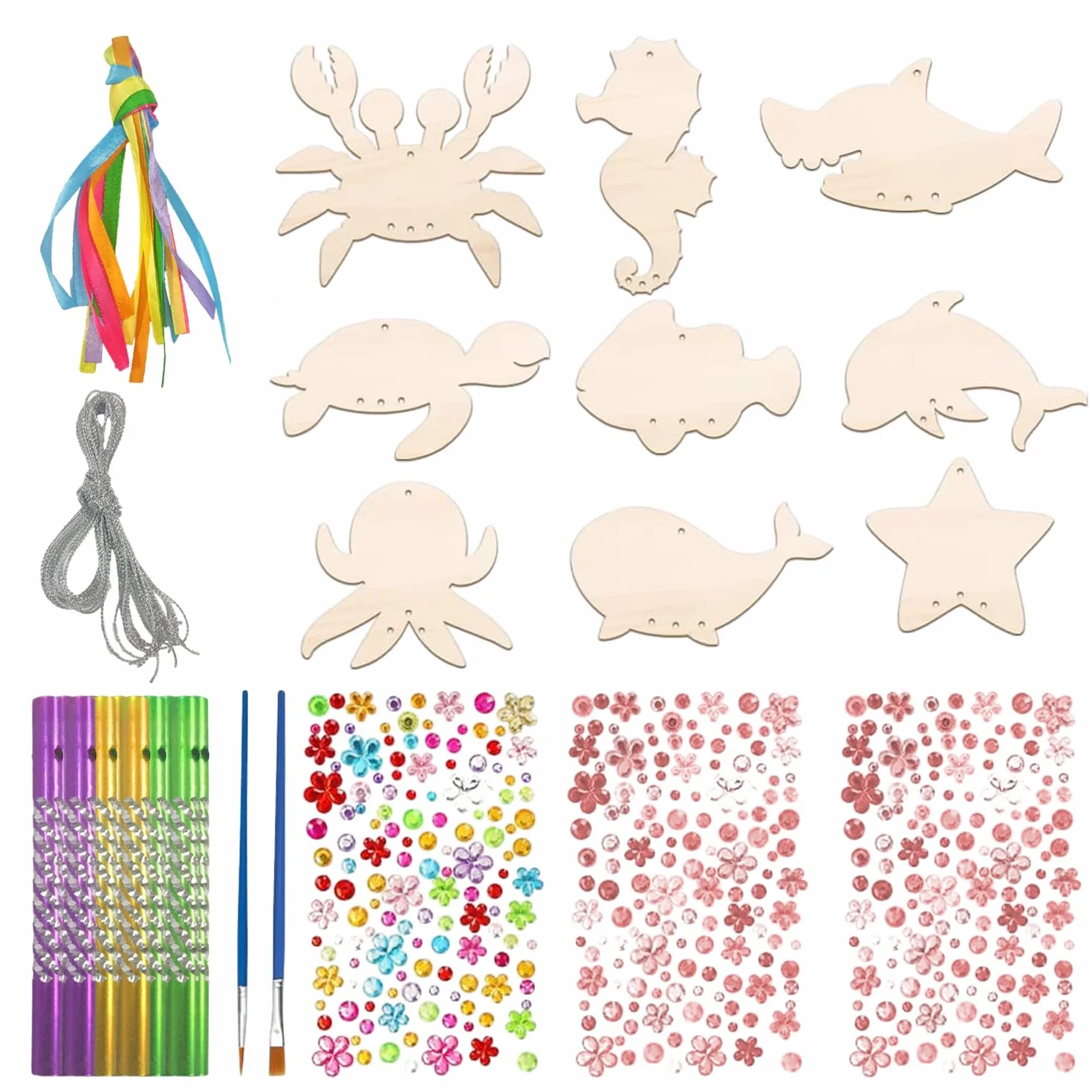 Carillons à vent animaux marins bois extérieur - Lot de 9 décorations suspendues créatives