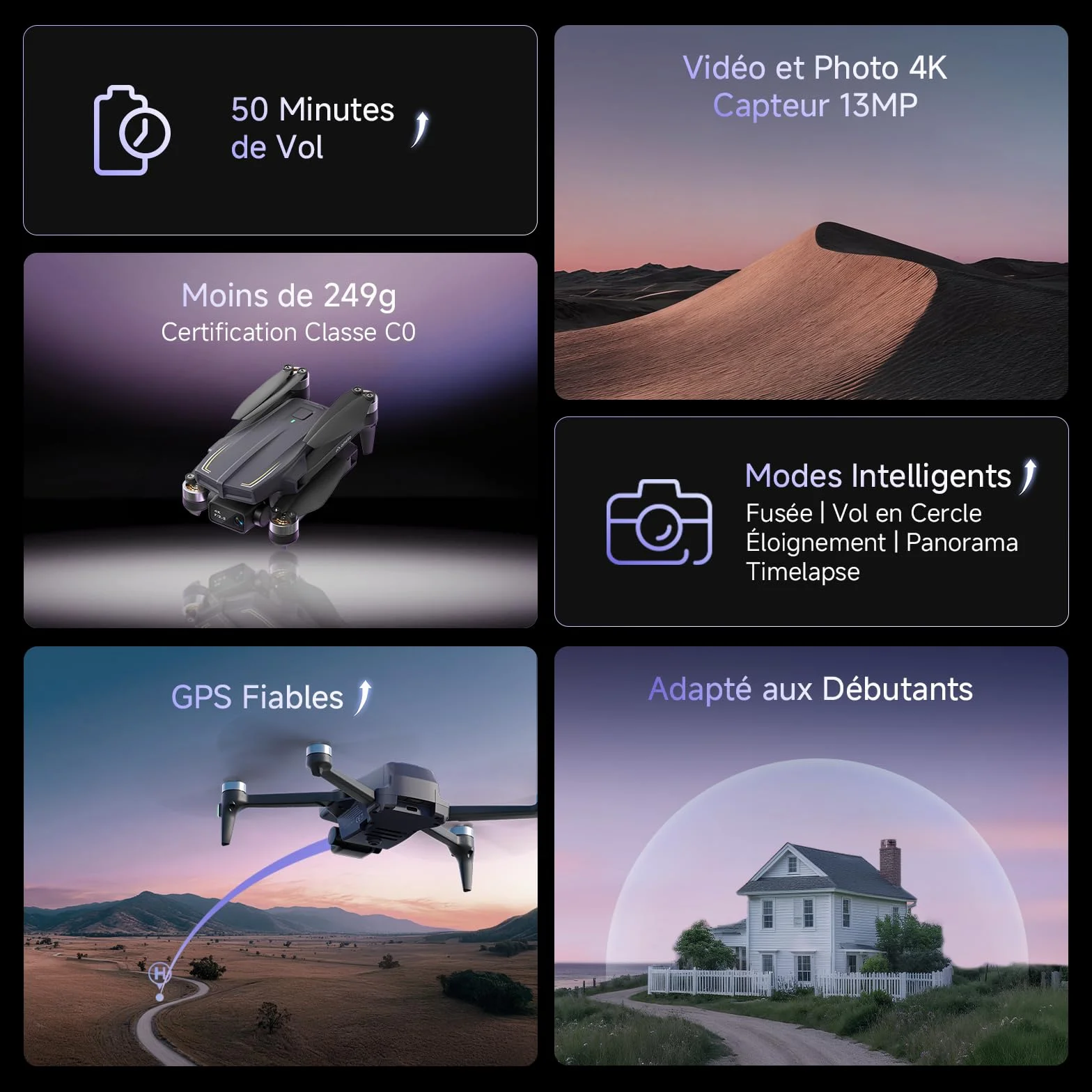 Ameta Drone avec Camera 4K, GPS Drone S20 Pro pour Adultes et Enfants avec Retour Automatique/ 50min de Vol/Suiveur/Mode Intelligent/Contrôle par Gestes, FPV Mini Drone Moins de 249g