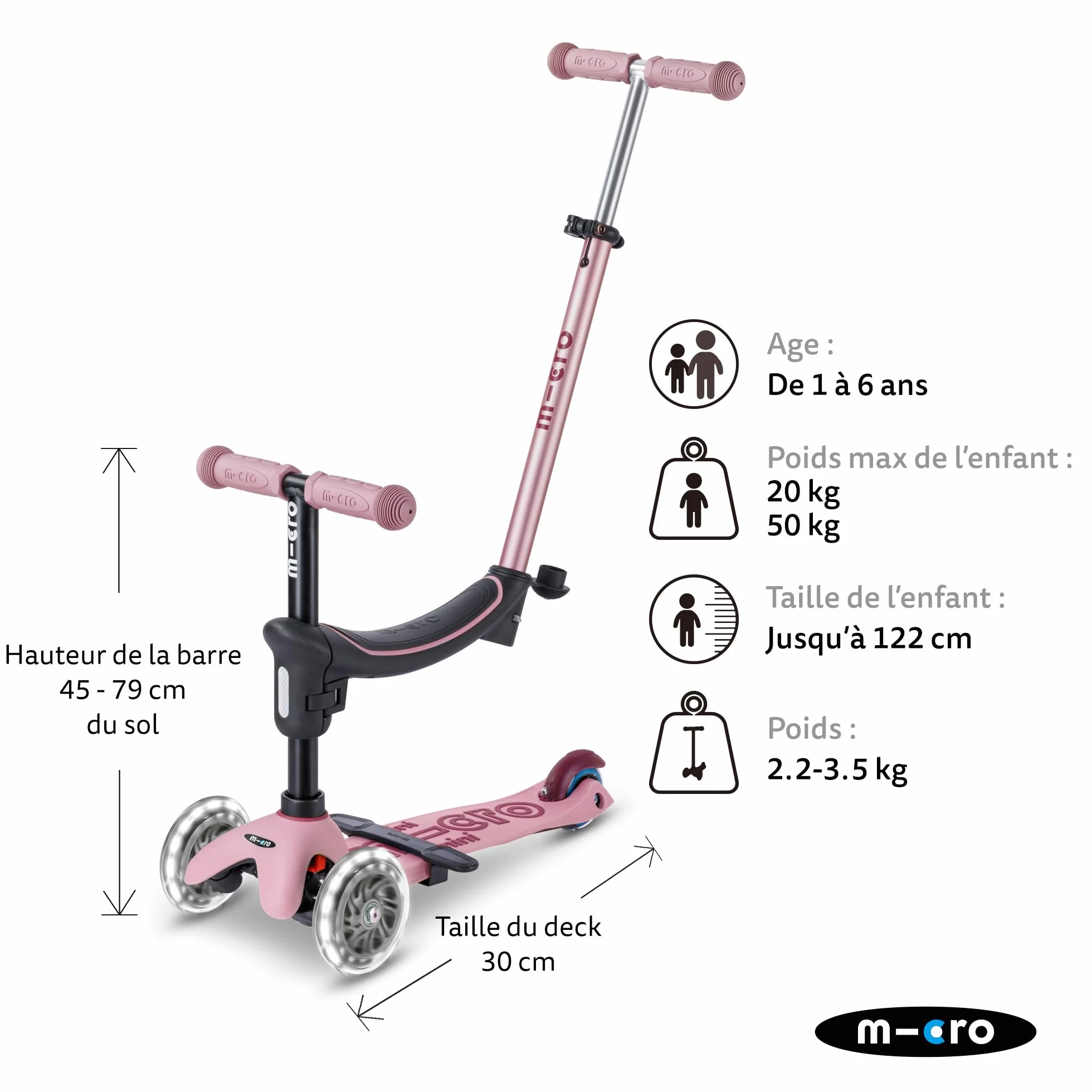 Mini Micro 2 Grow LED 4 en 1 Trottinette pour tout-petits Guidon réglable Léger 1-6 ans